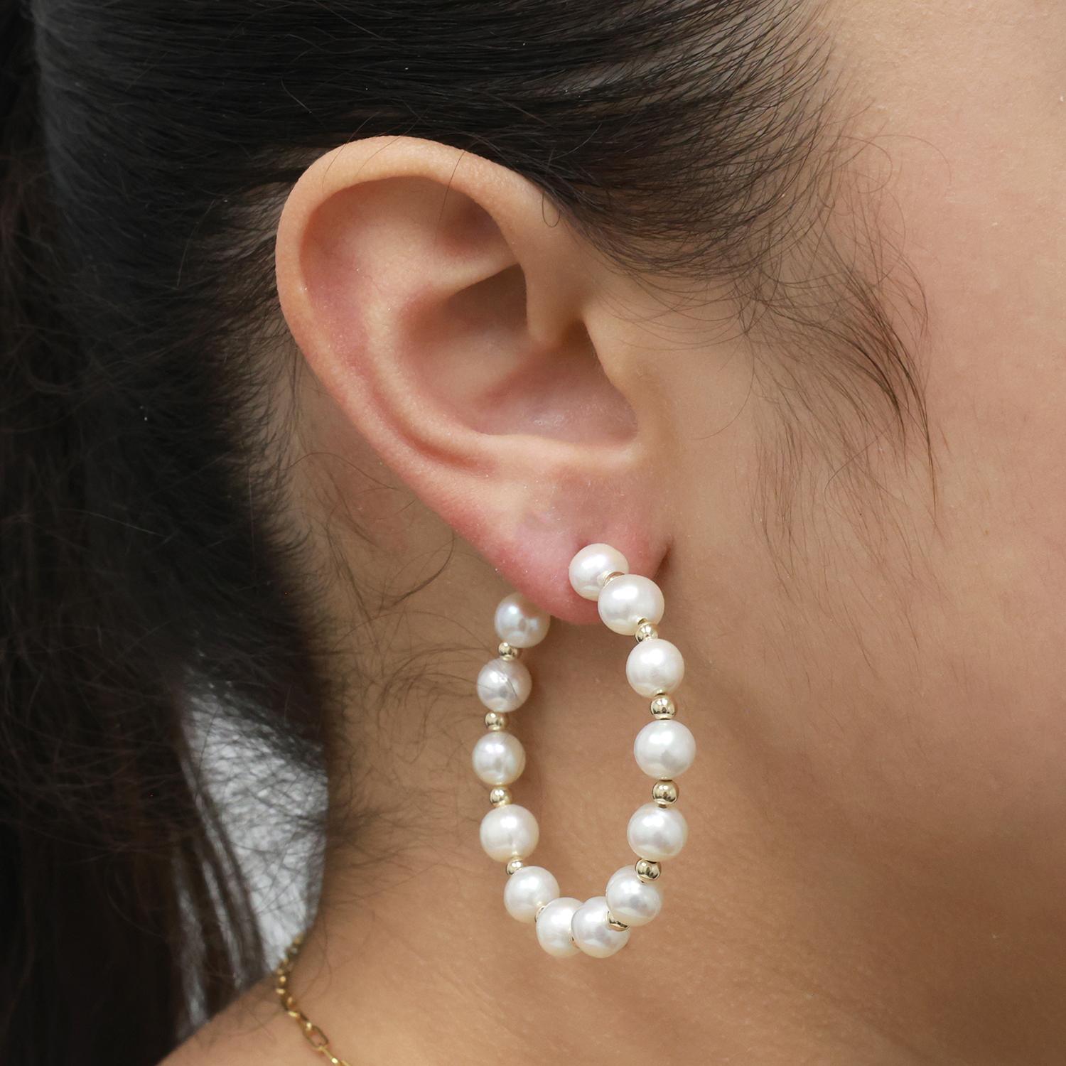 EFFY Cultured Freshwater Pearl Round Hoop Earrings 14K Yellow Gold 1.70" Ladies