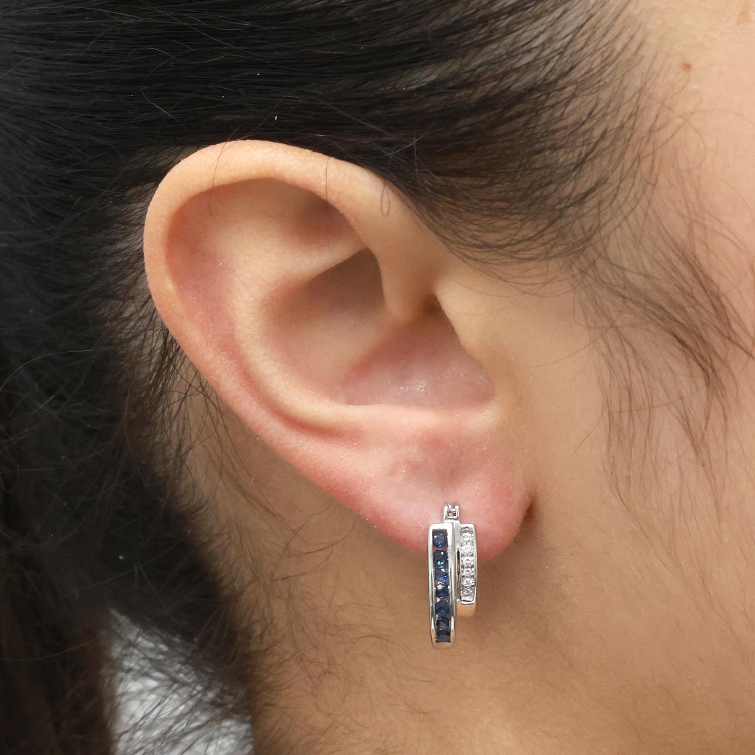 Sapphire Diamond Hoop Earrings 14K White Gold 0.54 CTW 0.70" Ladies Estate