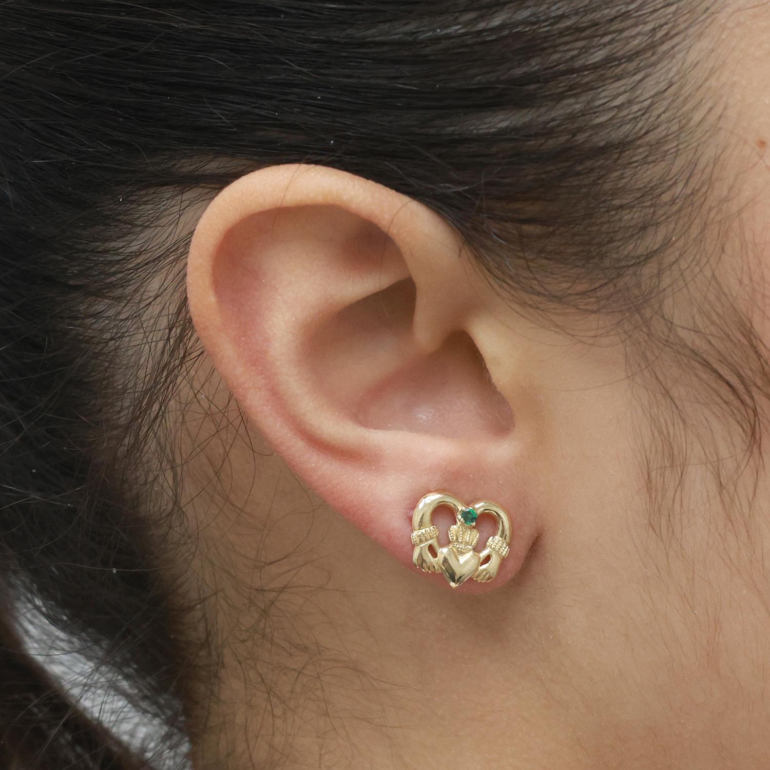 Claddagh Heart Emerald Stud Earrings 14K Yellow Gold 0.08 CT 0.23" Estate