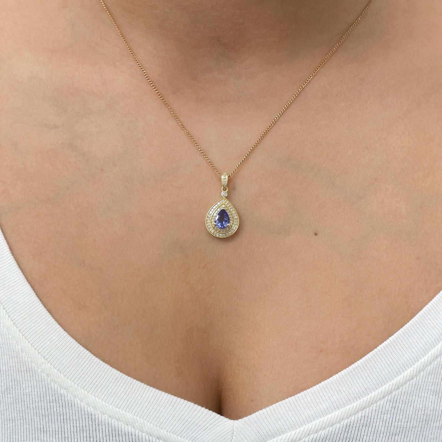 Tanzanite Teardrop Halo Diamond Pendant Charm 10K Yellow Gold 1.07 CTW 1" Estate