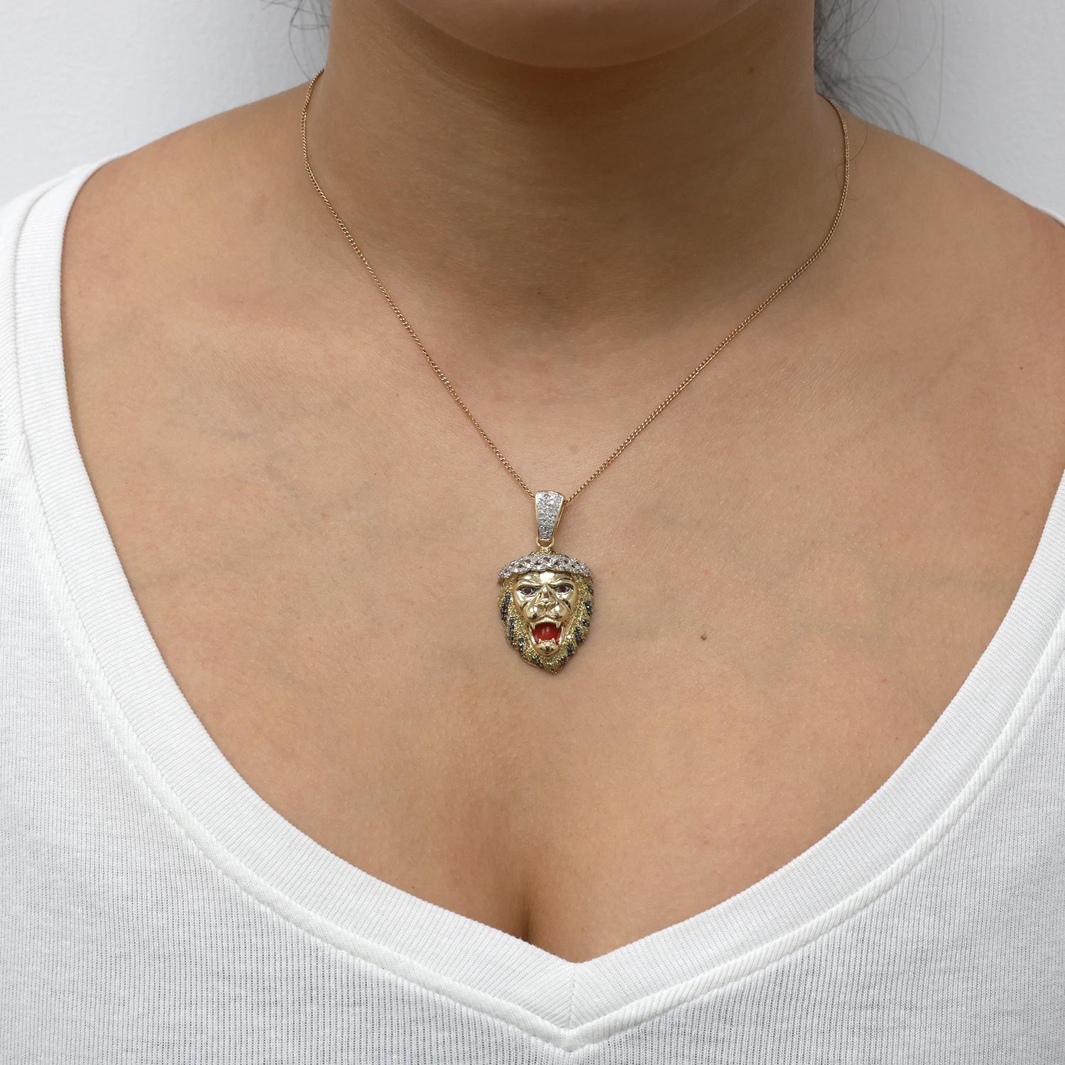 Lion Pendant Charm Colored Diamonds Rubies 10K Yellow Gold Enamel Inlay 1.57"