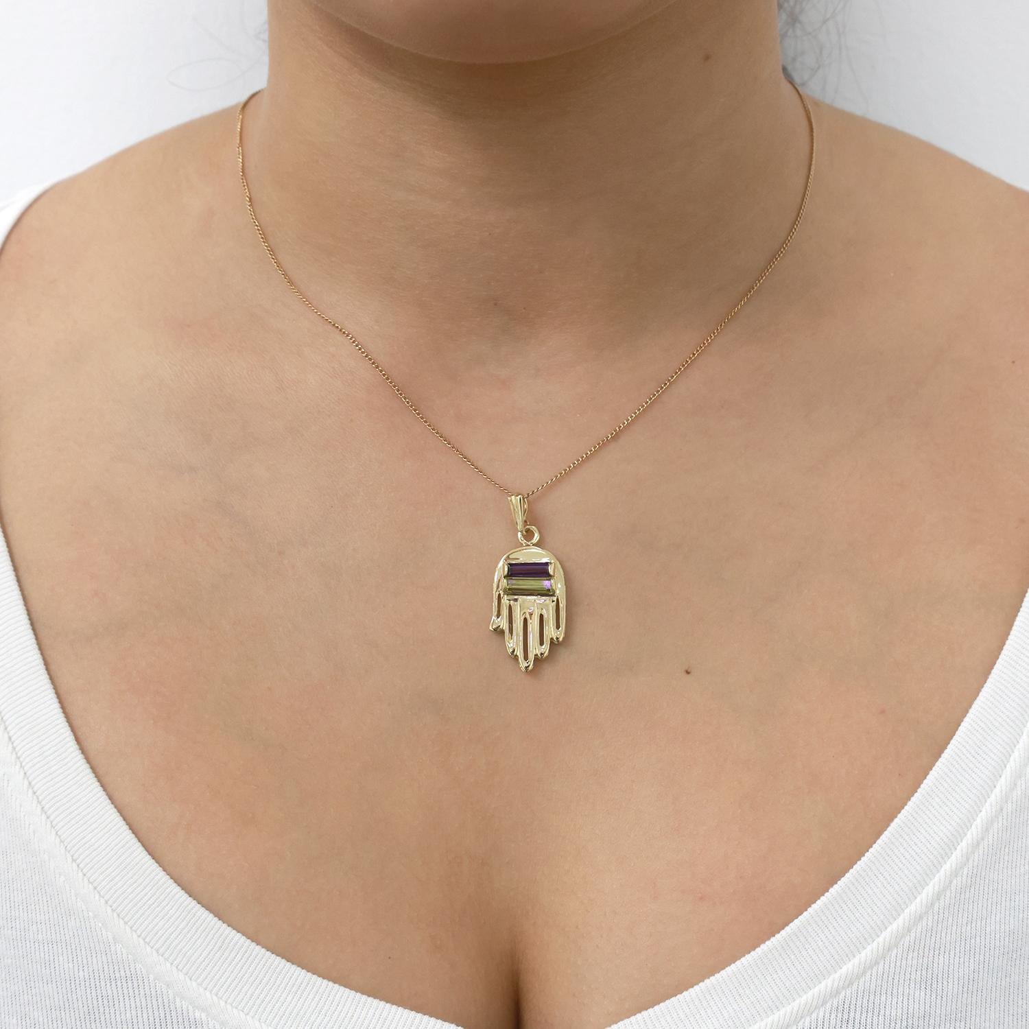 Religious Hamsa Hand Pendant Charm Amethyst Lemon Citrine 14K Yellow Gold 1.30"