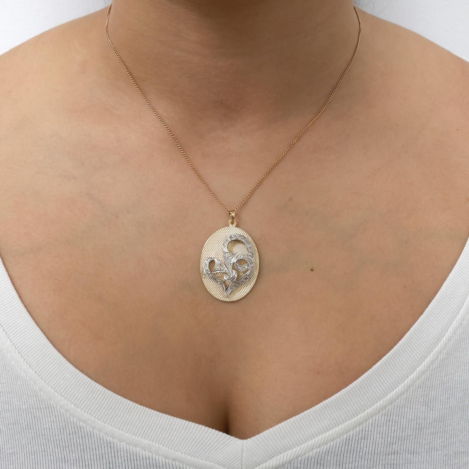 Vintage 0.50 TW Diamond Heart Oval Pendant Charm Two-Tone Gold 1.57" Ladies