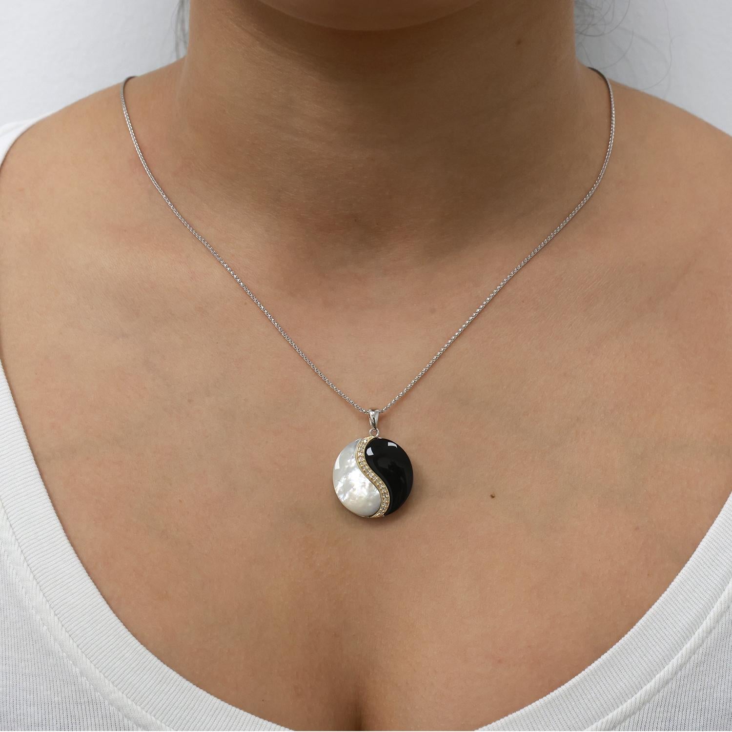 Onyx Mother Of Pearl Diamond Ying Yang Pendant Charm 14K Gold Sterling Silver