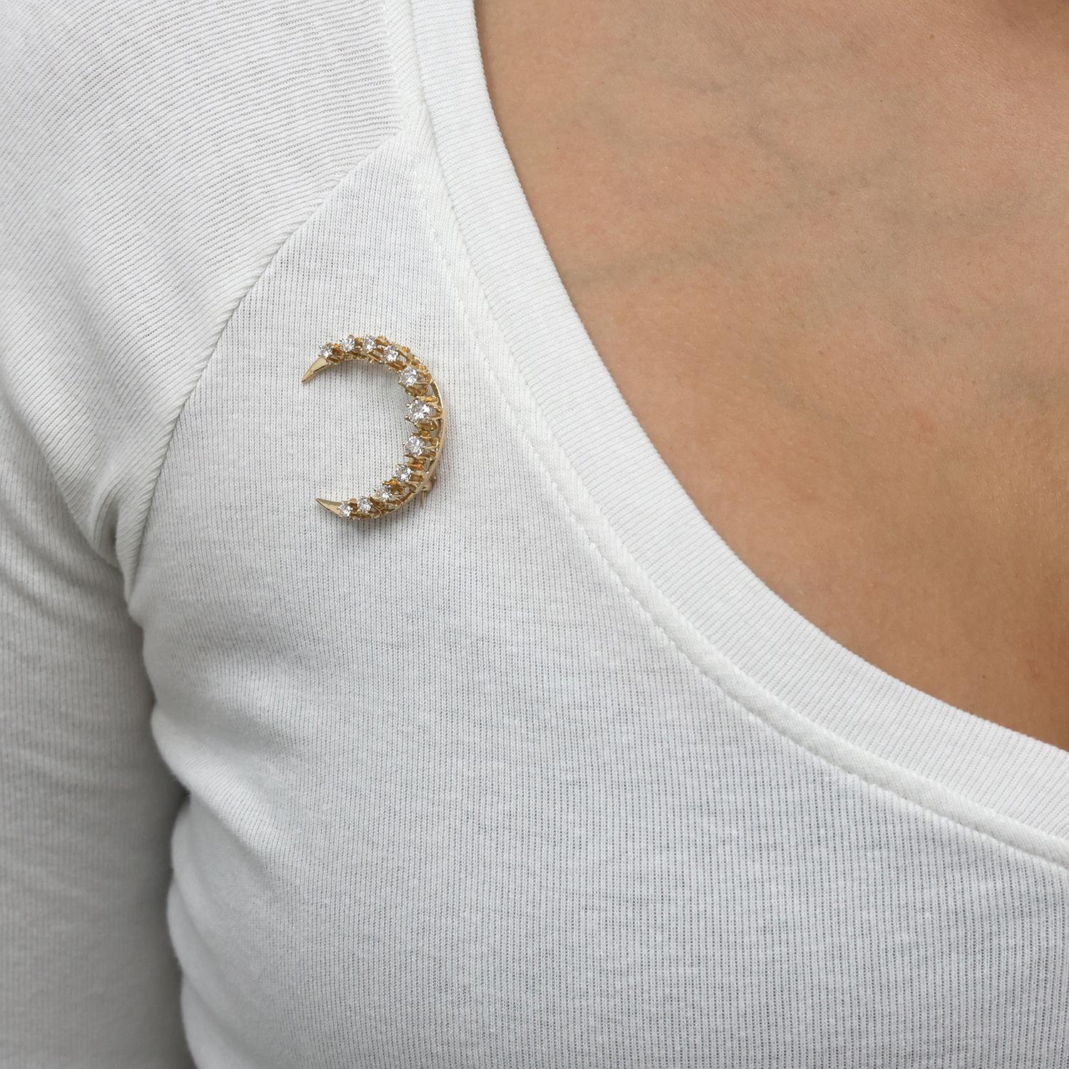 Vintage Diamond Crescent Moon Brooch Pin Yellow Gold 1.25 TW 1" Estate