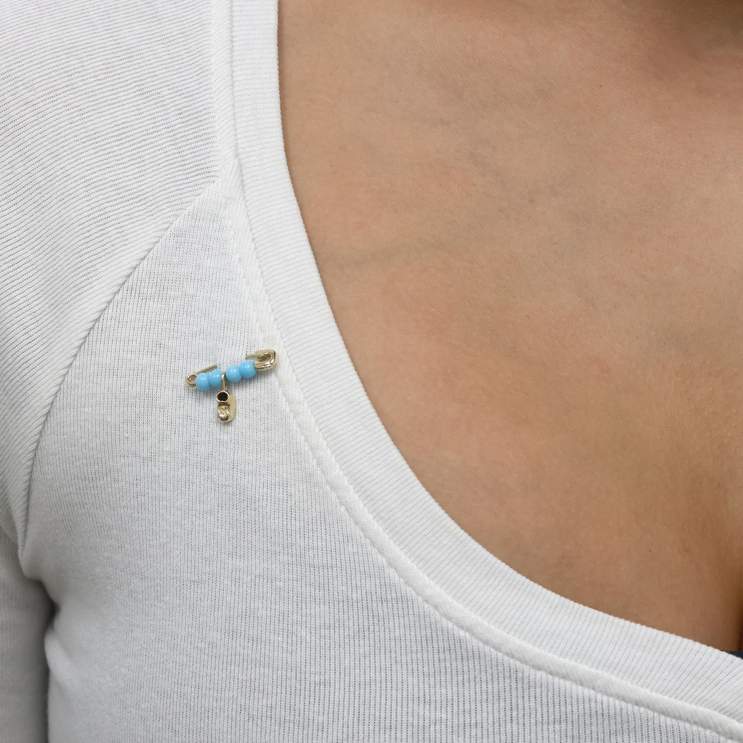 Safety Pin Charm Pendant 14K Yellow Gold Turquoise Beads Shoe Charm 0.60"