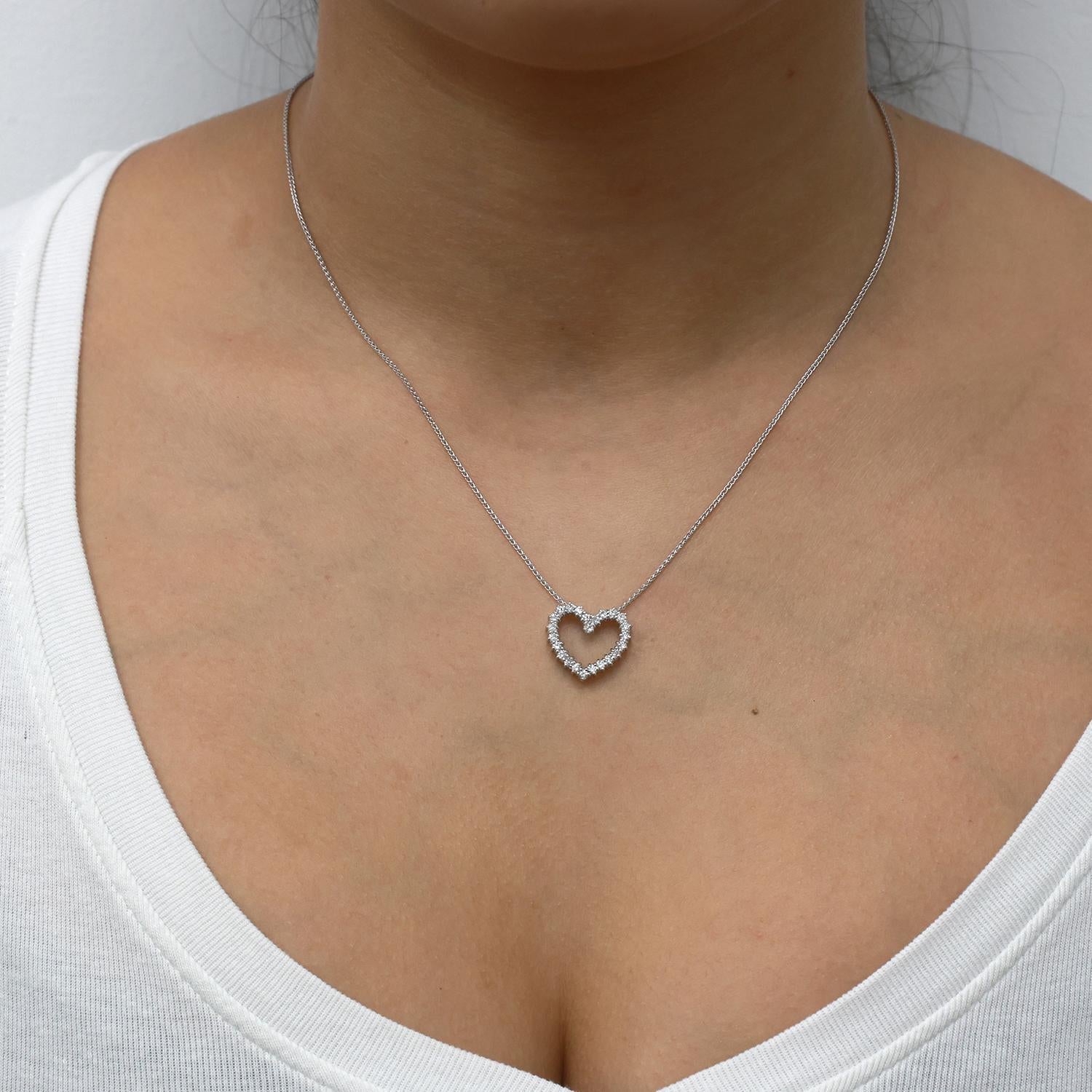 0.60 TW Diamond Open Heart Pendant Spiga Chain Necklace White Gold 18" Ladies