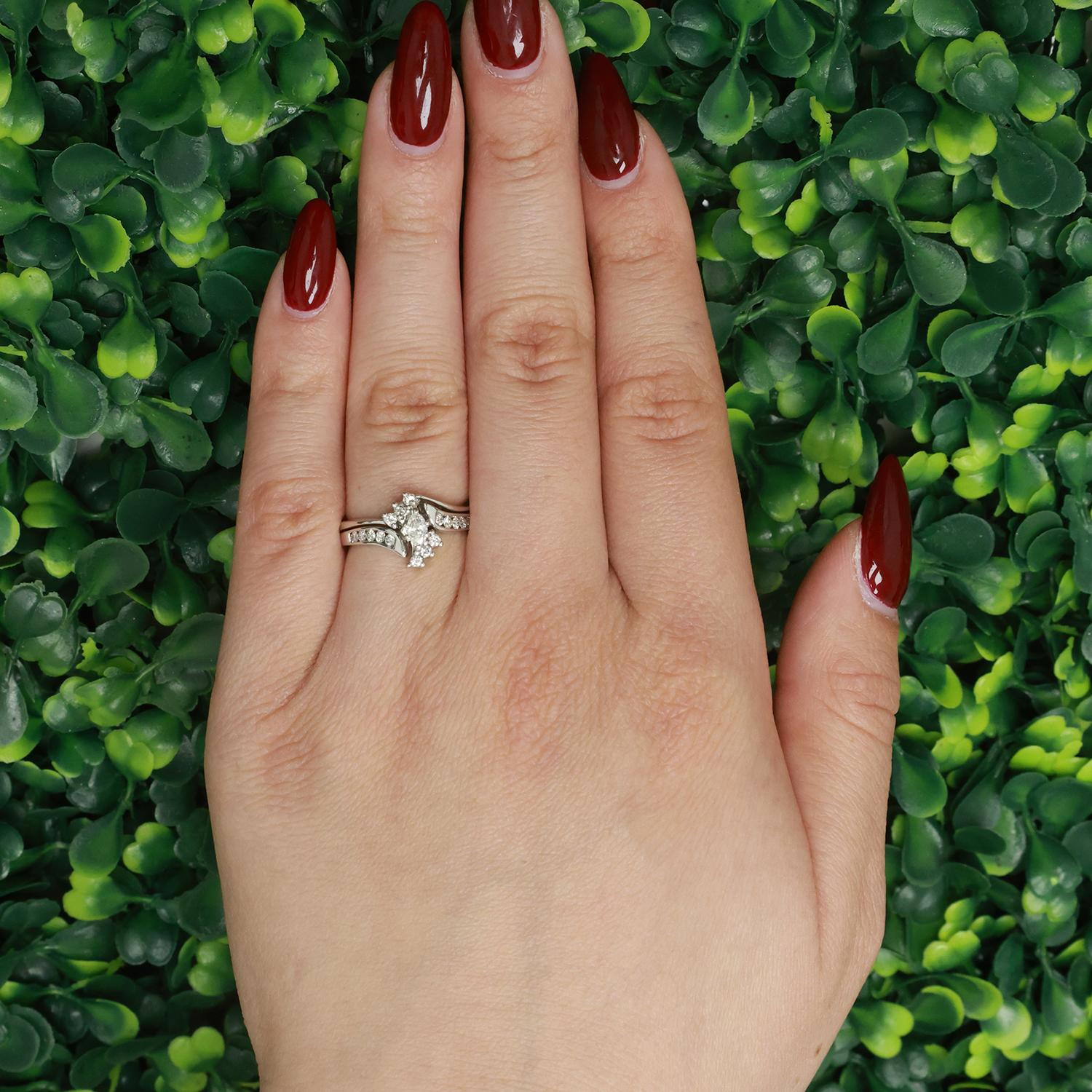 0.50 TW Marquise Round Accent Diamond Floral Cocktail Ring 14K White Gold Size 6