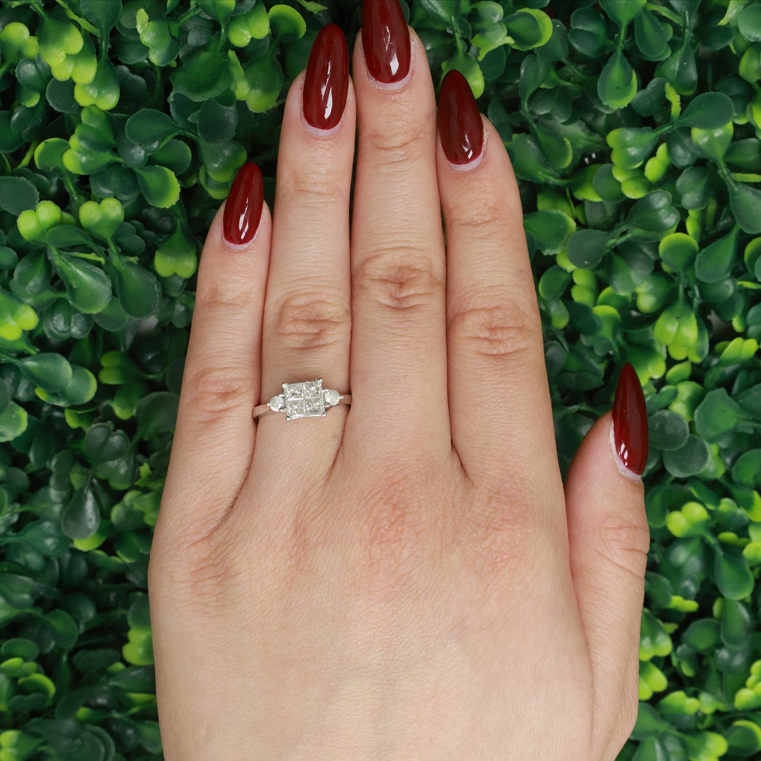 1.00 TW Princess Cut Cluster Diamond Ring 10K White Gold Round Accent SZ 7.25