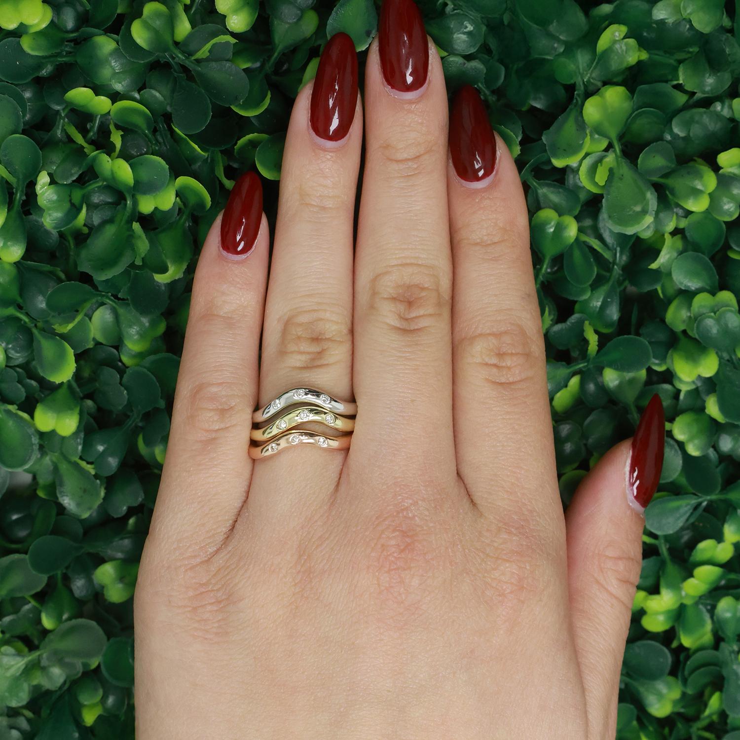 14K Tri Color Gold Stackable Wave Band Ring Set 0.20 TW Size 8 Estate
