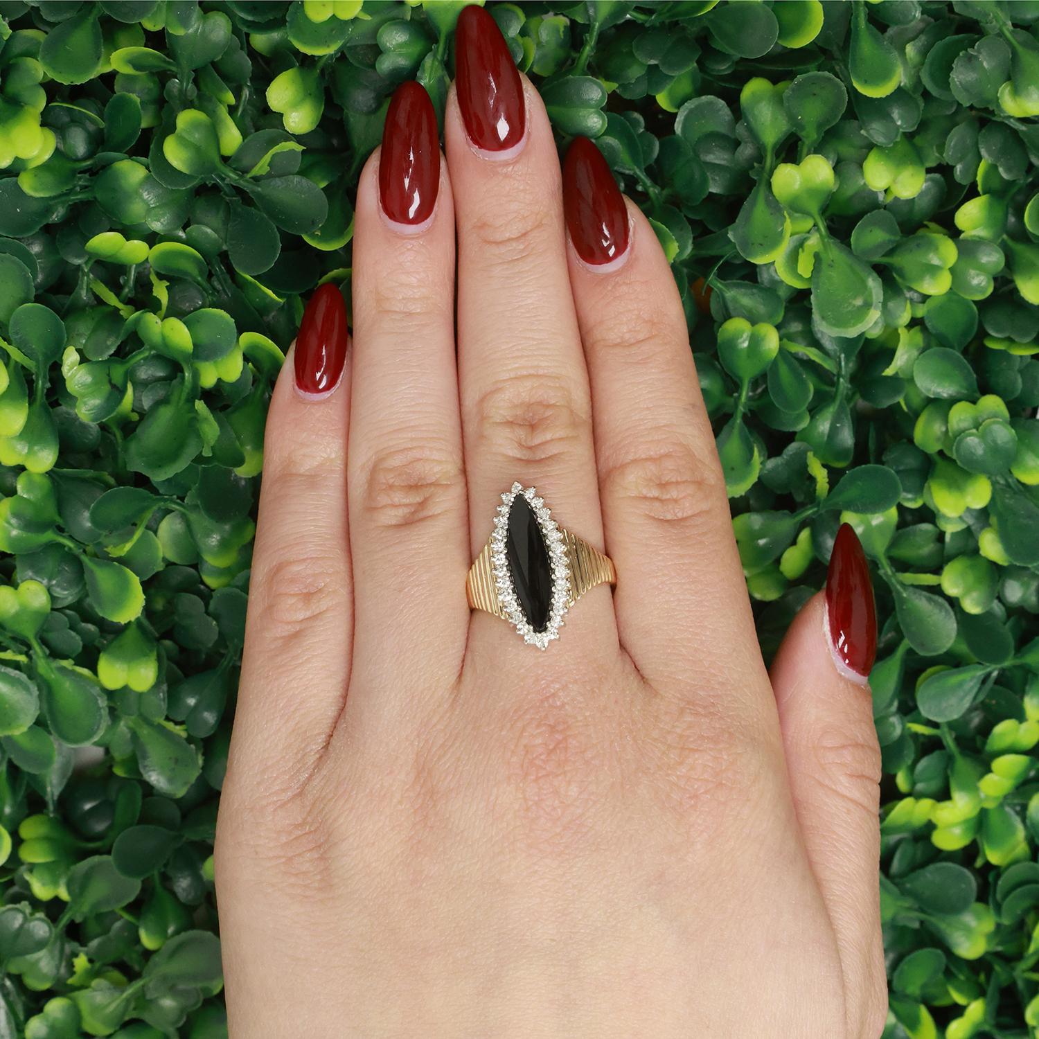 Marquise Cut Black Onyx Halo Diamond Statement Ring 14K Gold Size 9.5 Estate