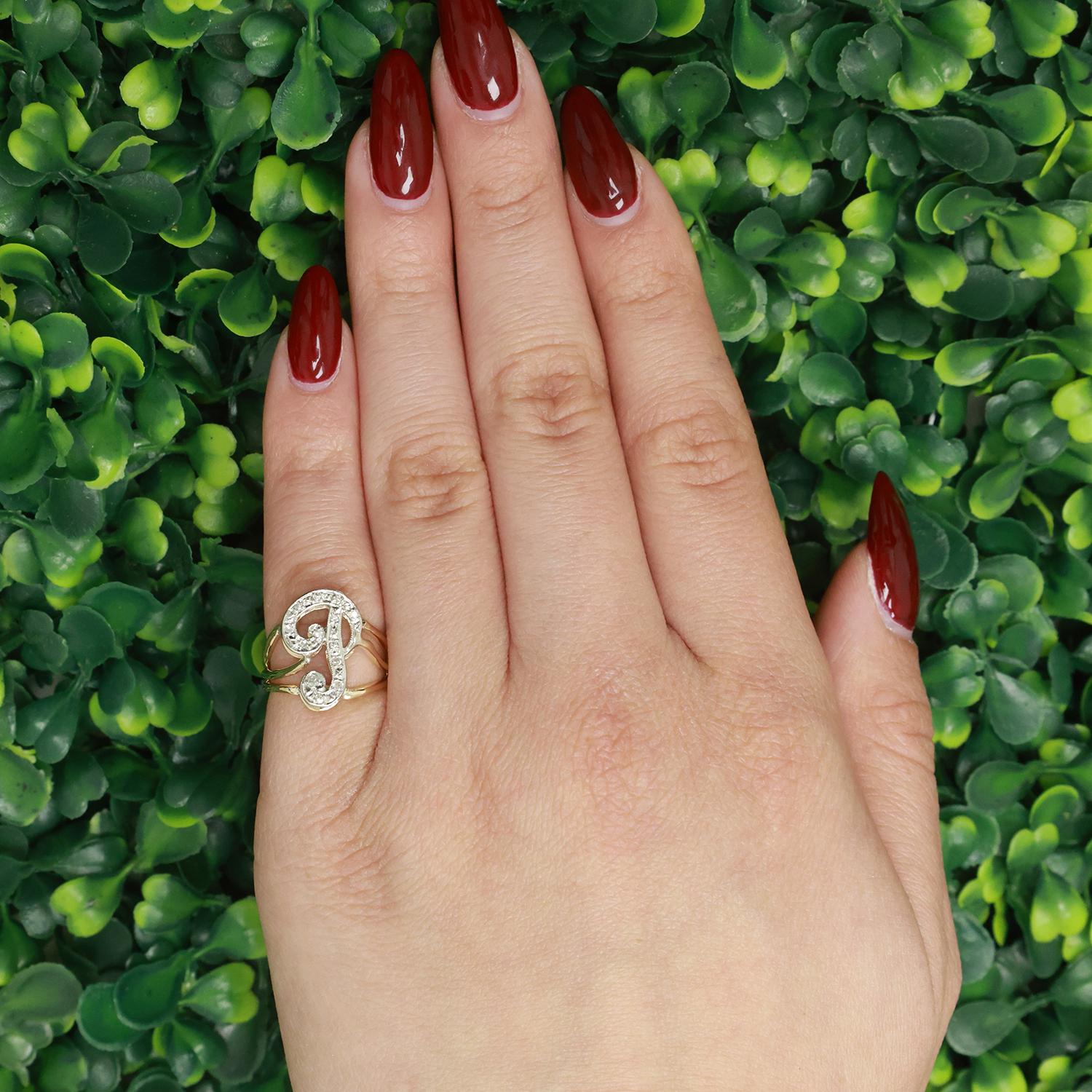 Fancy Letter P Diamond Statement Ring Two-Tone Gold 0.15 TW Size 4 Estate