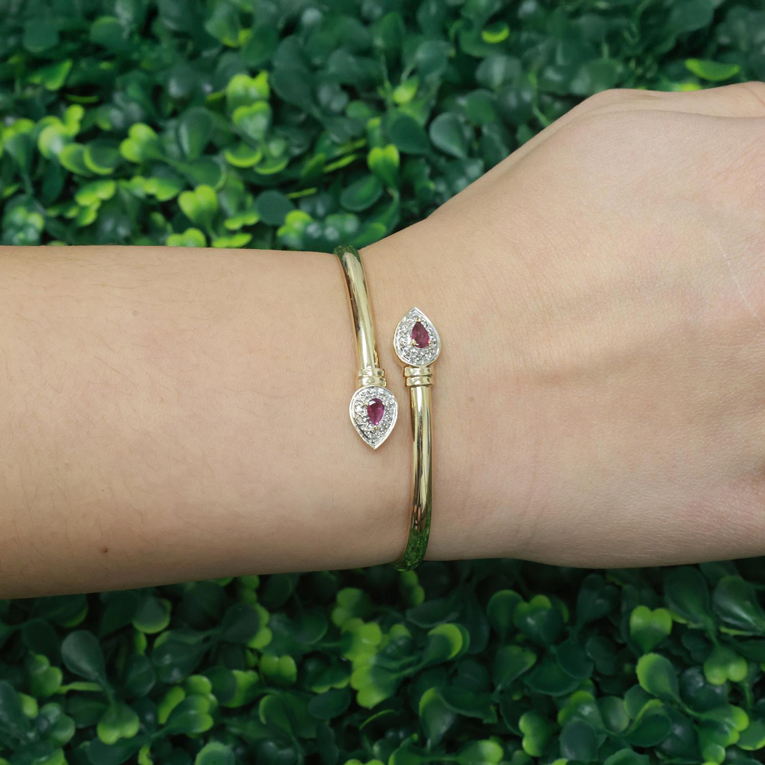 0.70 CTW Ruby Diamond Bypass Bangle Bracelet 14K Gold 6.5" Ladies Vintage Estate