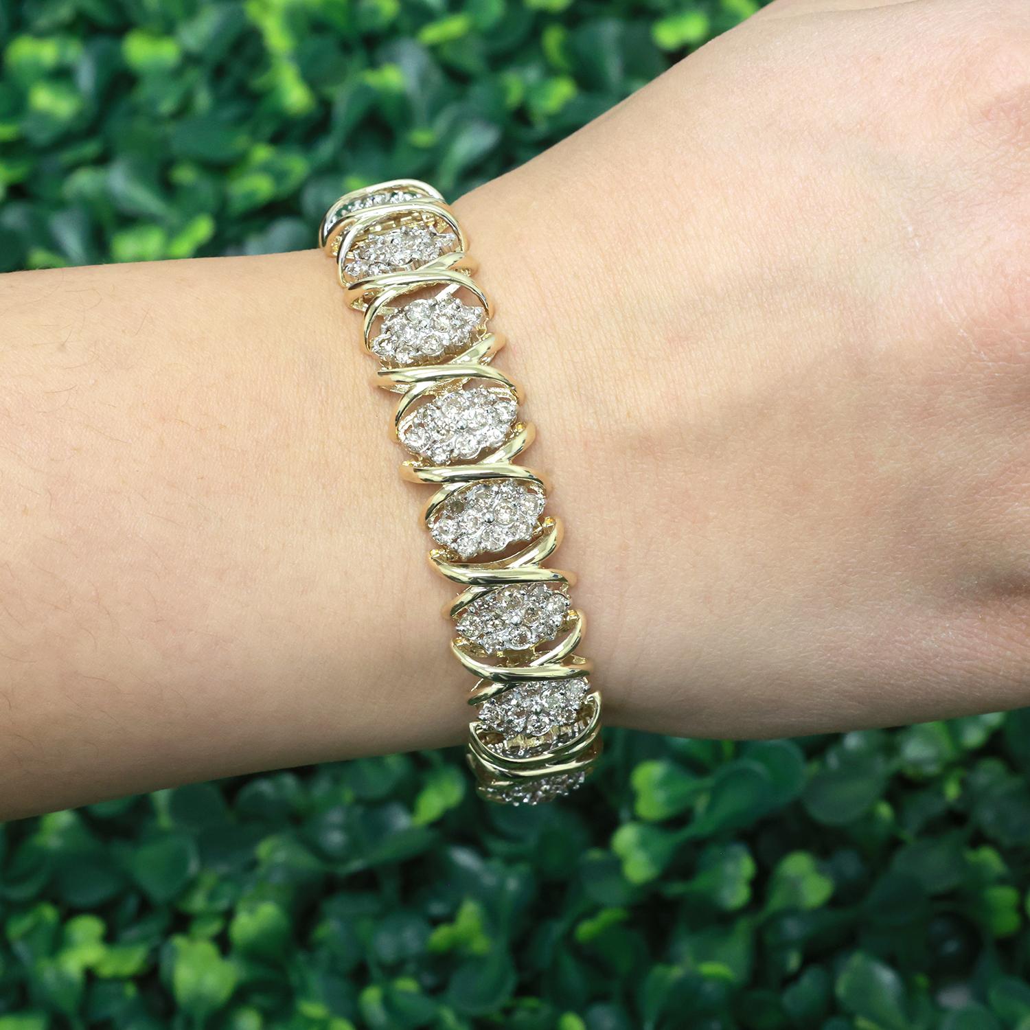 15.00 TW Cluster Diamond X Link Wide Bracelet 14K Gold 7.25" Ladies Estate