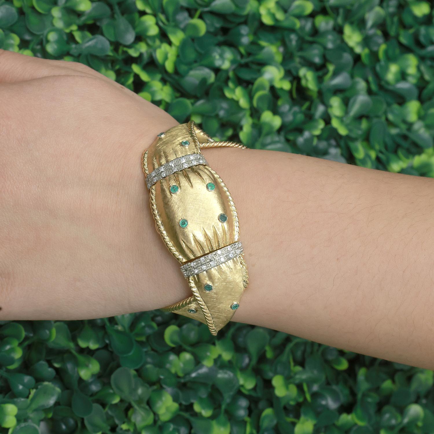 Ladies 1970s Omega Cover Case Watch Bracelet 18K Gold Diamonds Emeralds 6.75"