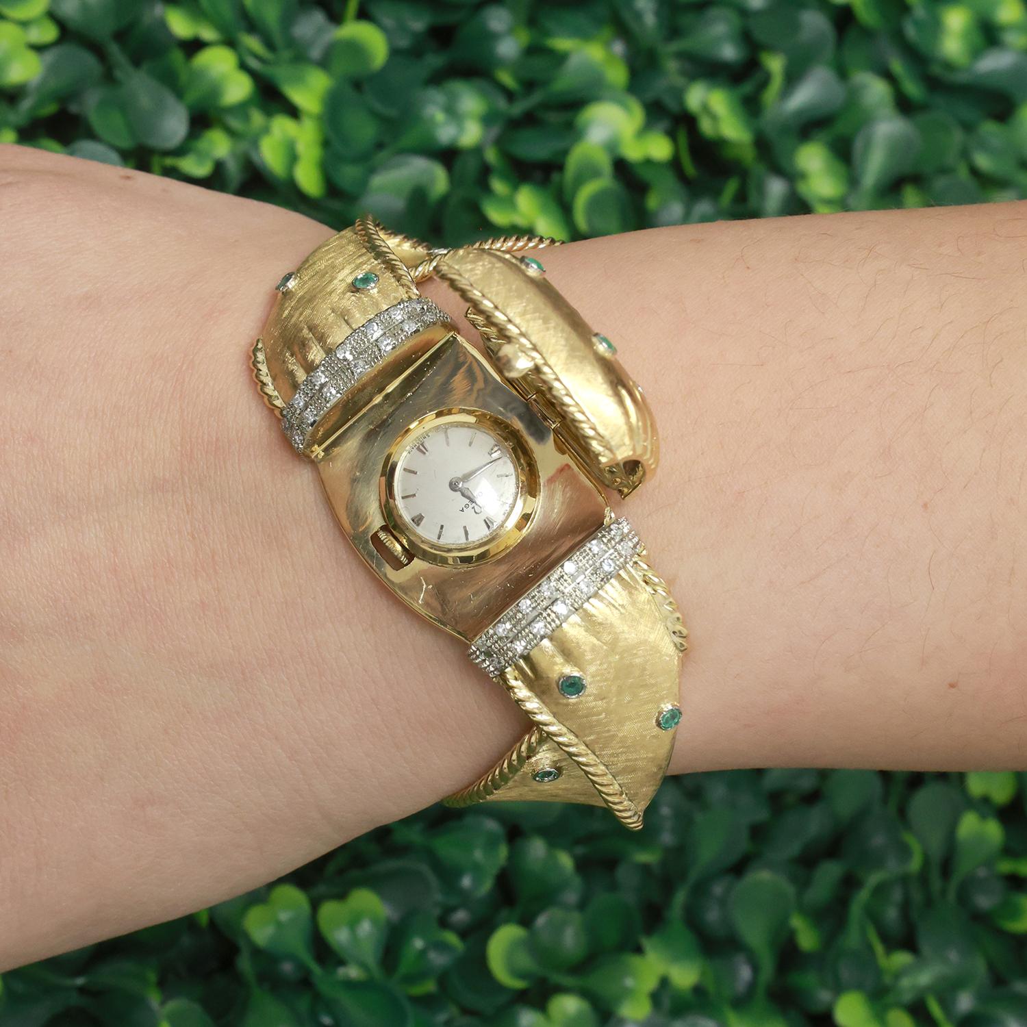 Ladies 1970s Omega Cover Case Watch Bracelet 18K Gold Diamonds Emeralds 6.75"