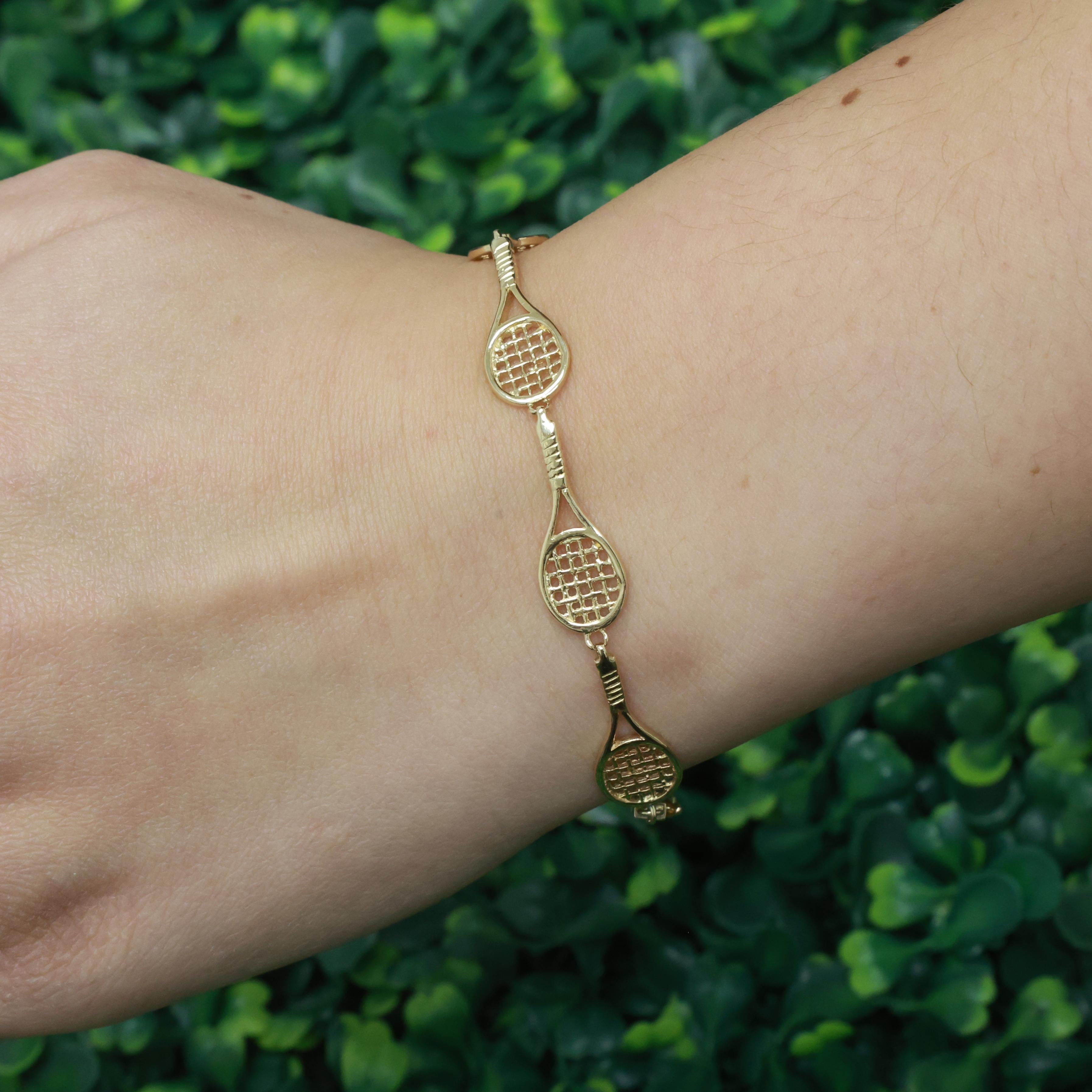 Tennis Racket Charm Link Bracelet 14K Yellow Gold 7.75" Unisex Estate