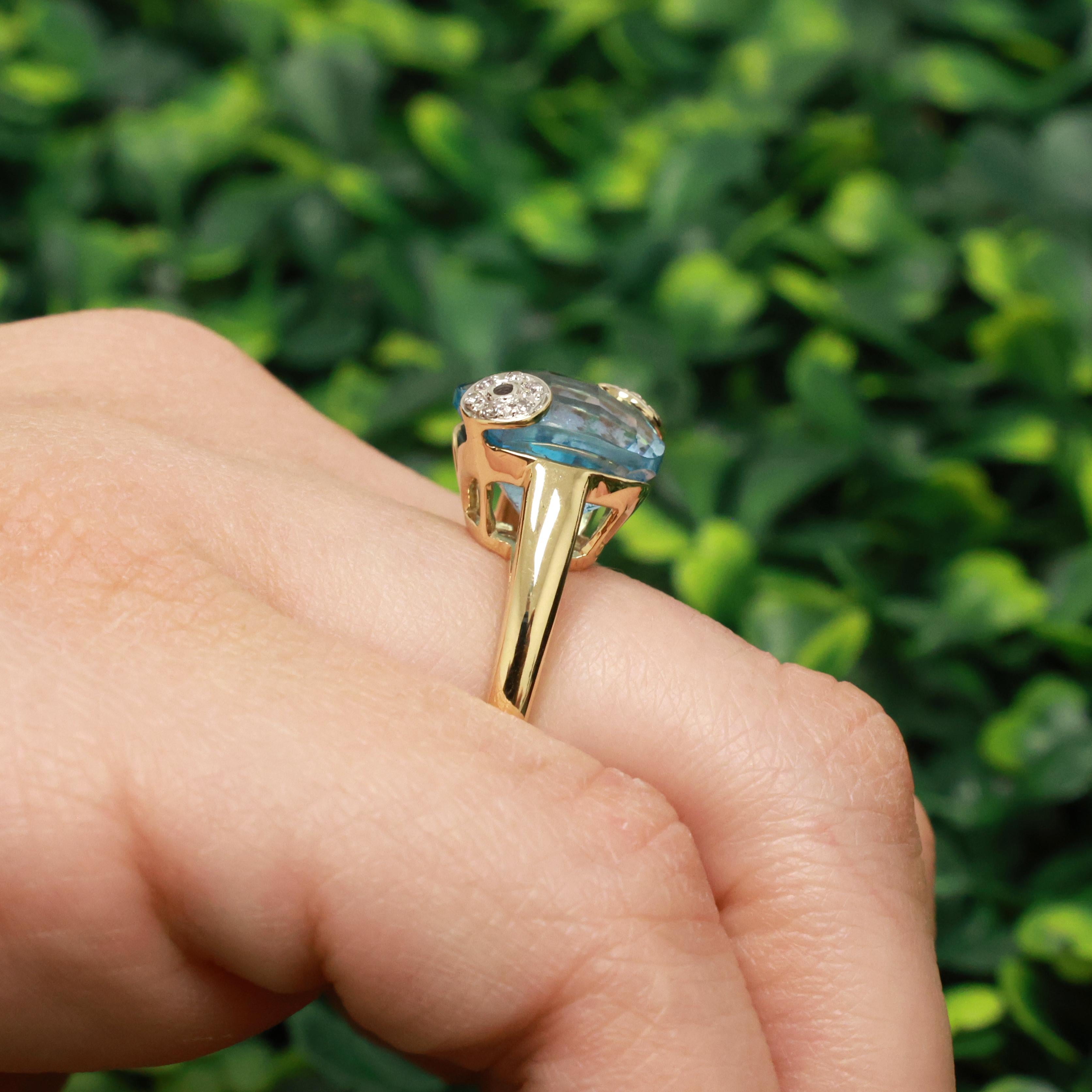 Solitaire Checkerboard Blue Topaz Diamond Accent Ring 14K Gold 9.68 CTW Size 7