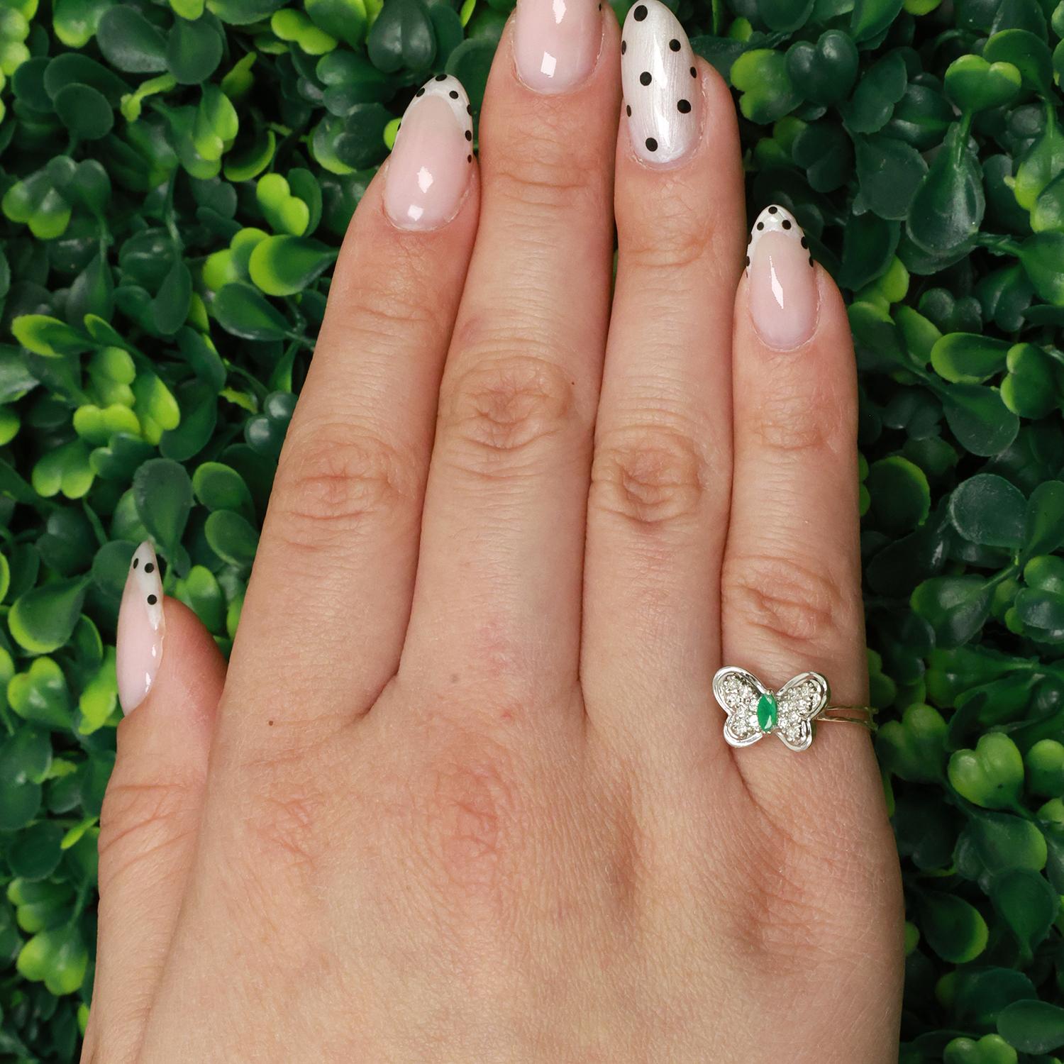 Diamond Emerald Butterfly Statement Ring 14K Gold  0.33 CTW Size 5.5 Ladies