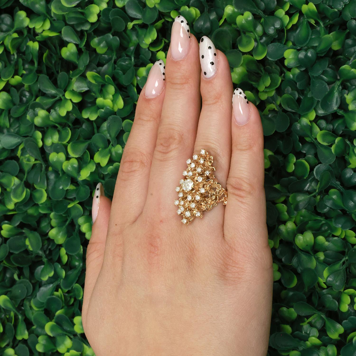 1.60 TW Diamond Brutalist Full Finger Ring Yellow Gold Size 7.75 Ladies Estate