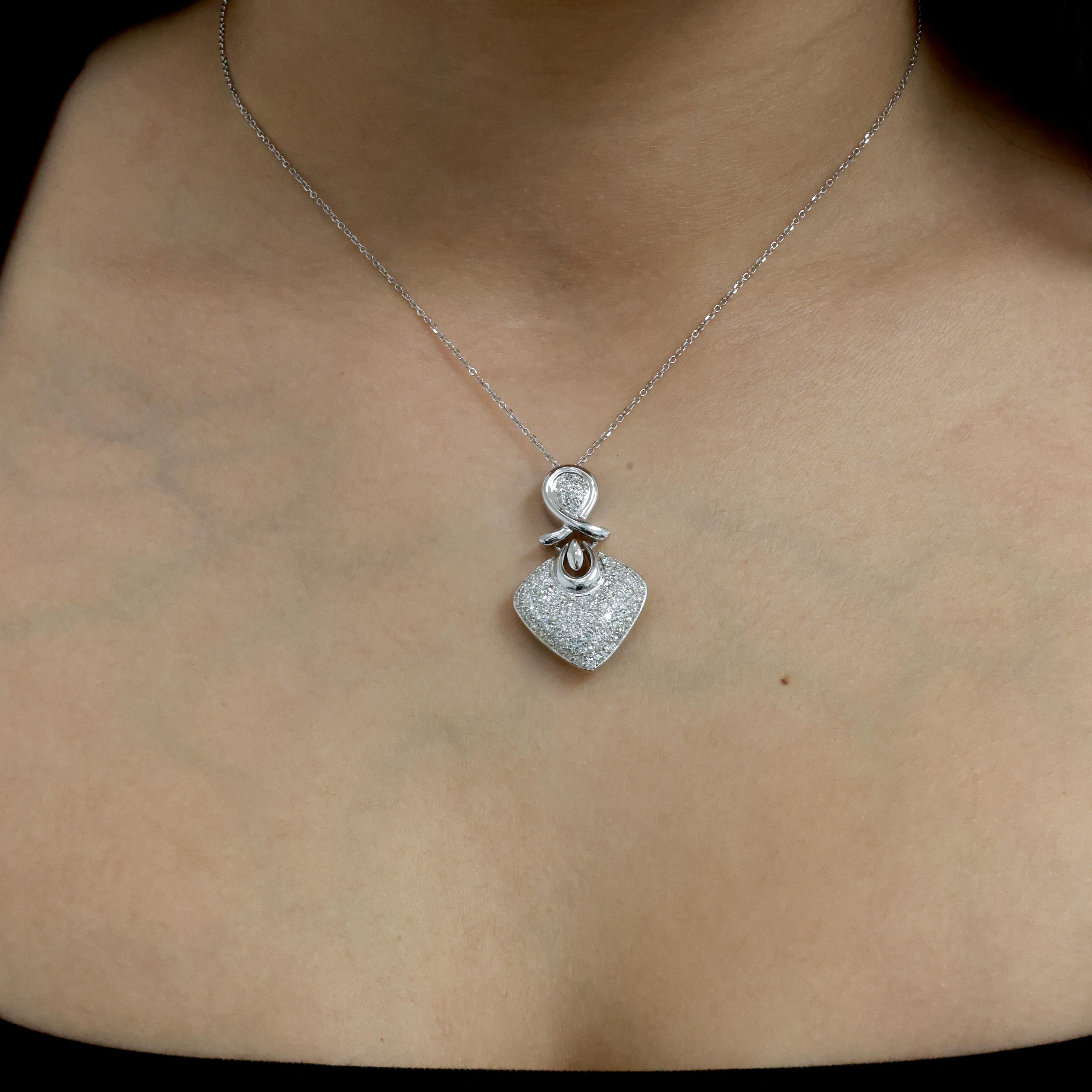 Cluster Diamond Ribbon Heart Pendant 14K White Gold 1.50 TW 1.33" Ladies