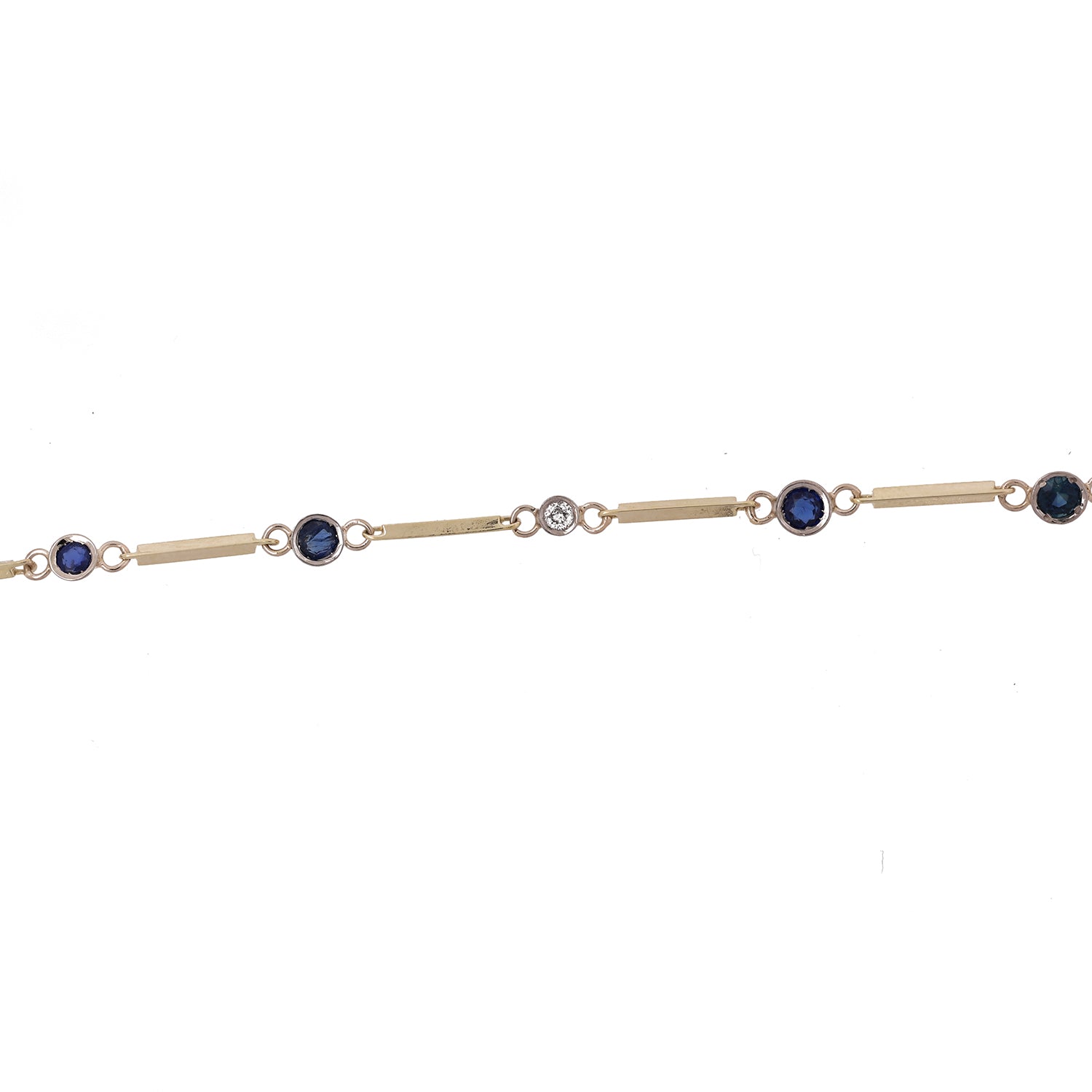 Blue Sapphire Diamond Station Necklace 14K Yellow Gold Bar Link Chain 26.5"