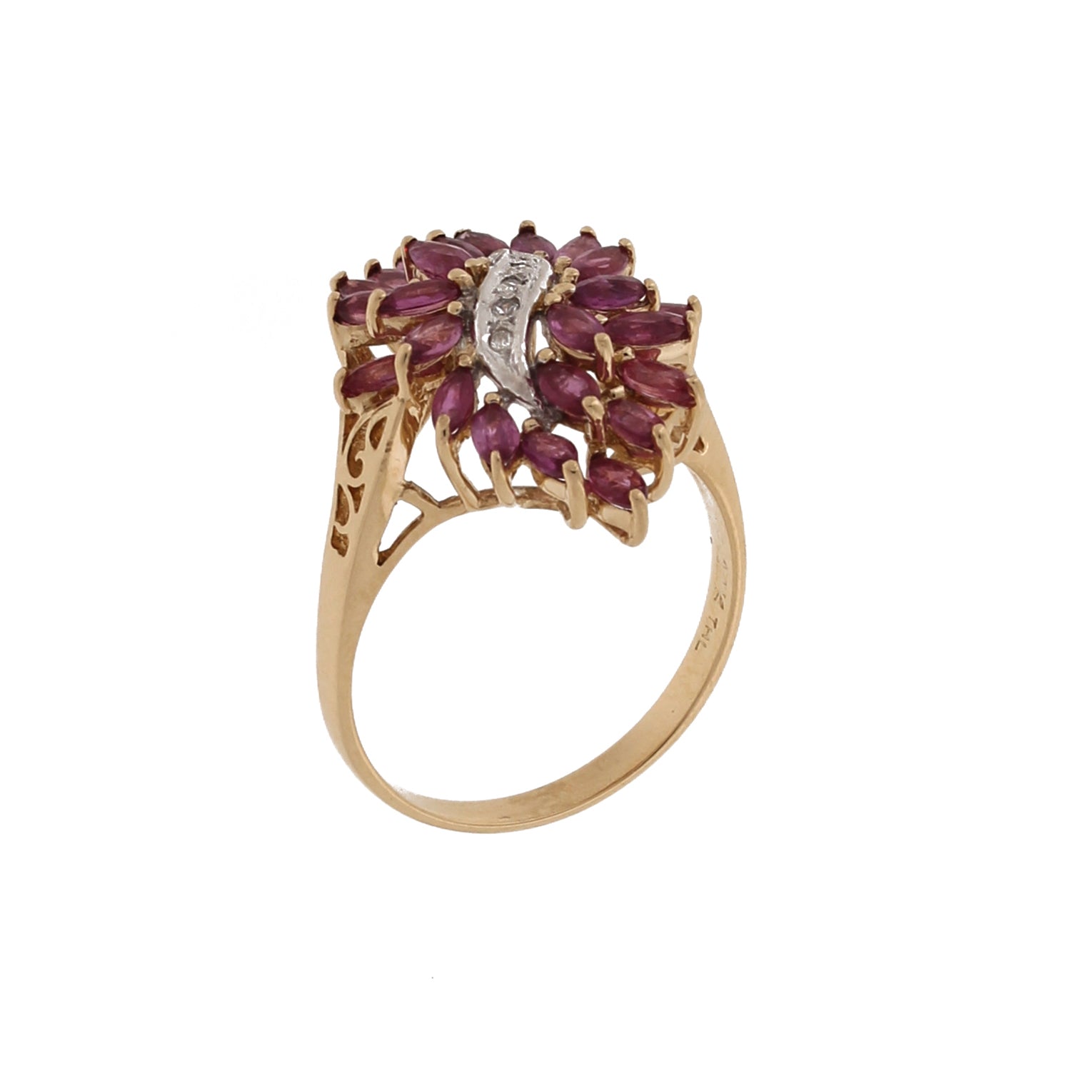 Diamond Ruby Flower Cocktail Ring 14K Two-Tone Gold 1.25 CTW Size 7.25 Estate