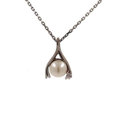 Vintage Freshwater Pearl Diamond Wishbone Pendant 14K White Gold 0.50" Estate