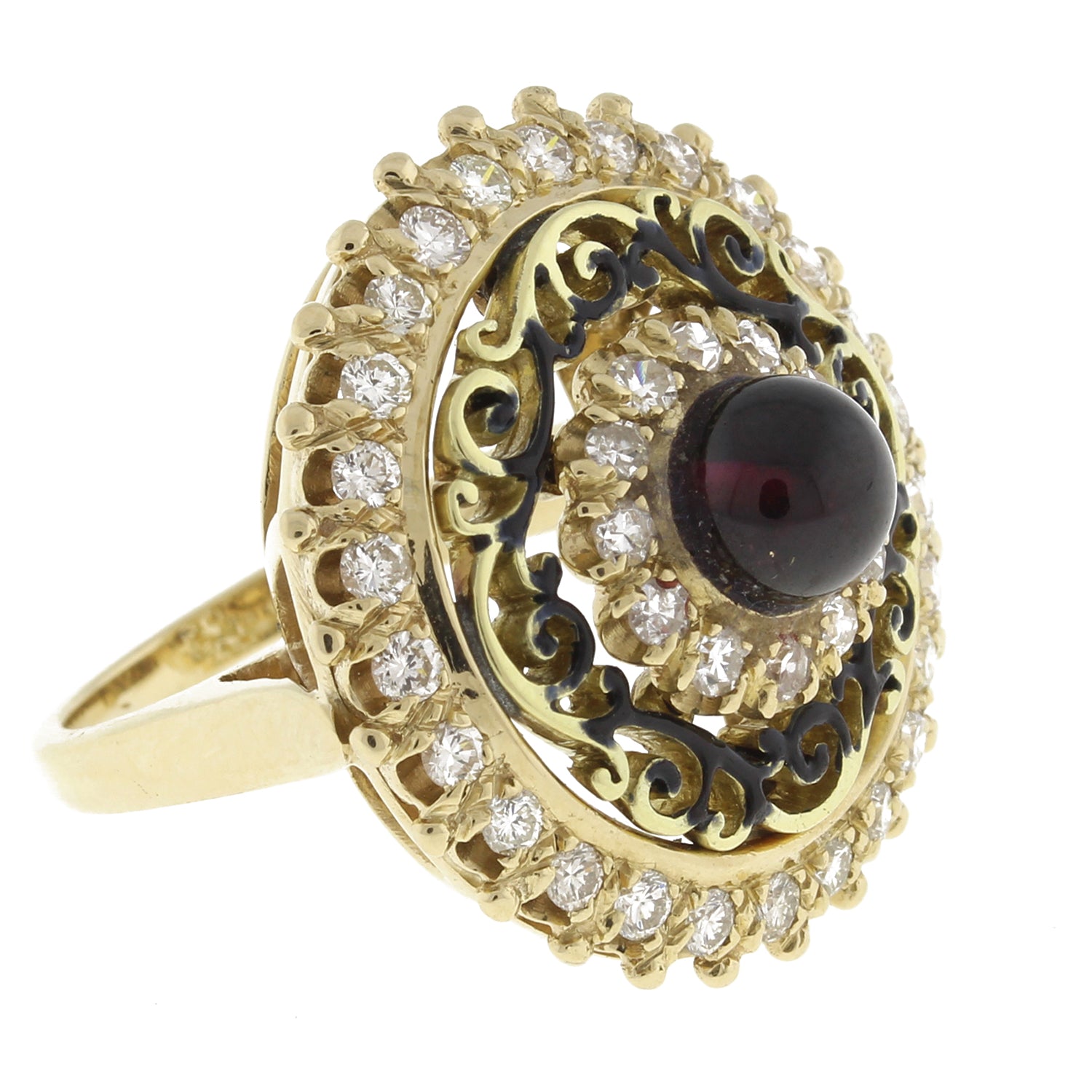 Vintage Garnet Diamond Statement Ring 14K Yellow Gold 2.40 CTW Cabochon Gem 5.25