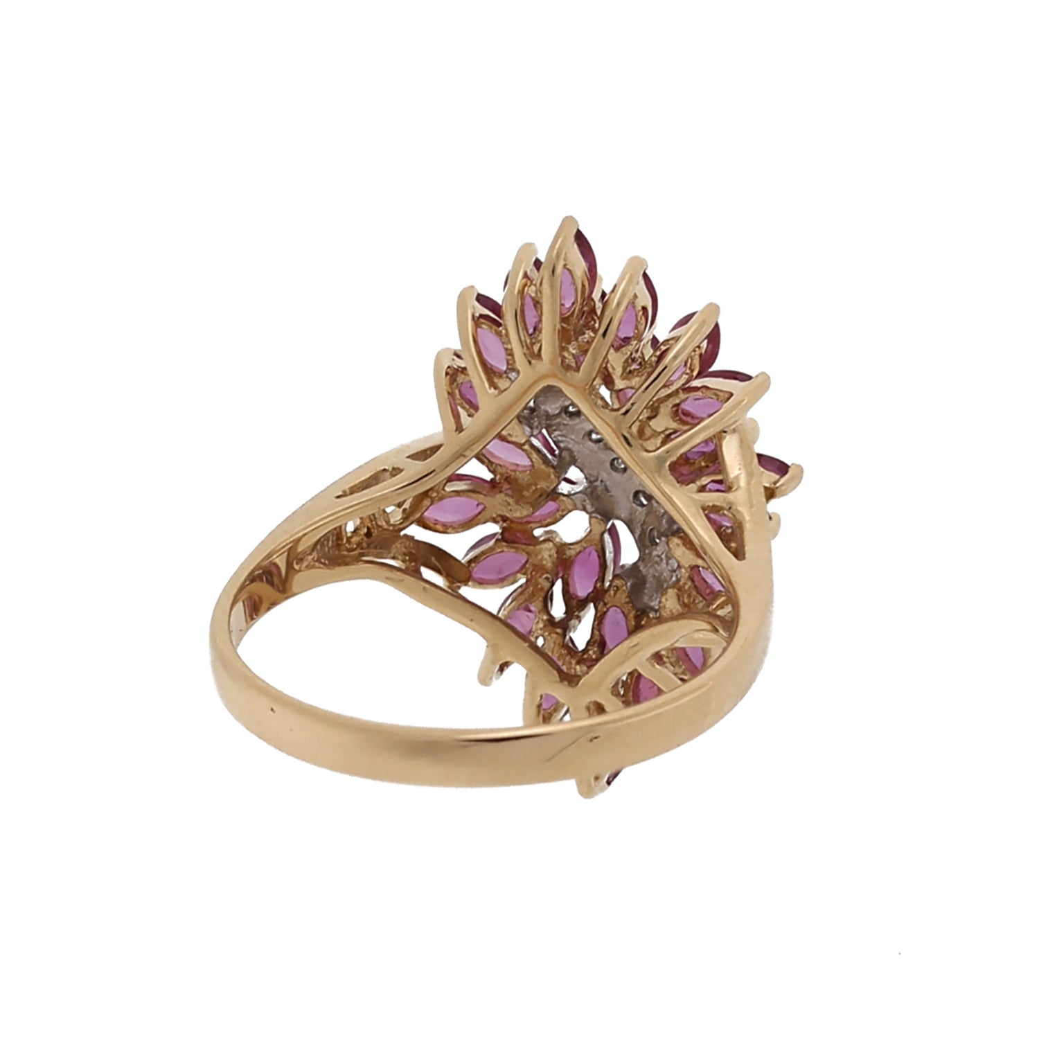 Diamond Ruby Flower Cocktail Ring 14K Two-Tone Gold 1.25 CTW Size 7.25 Estate