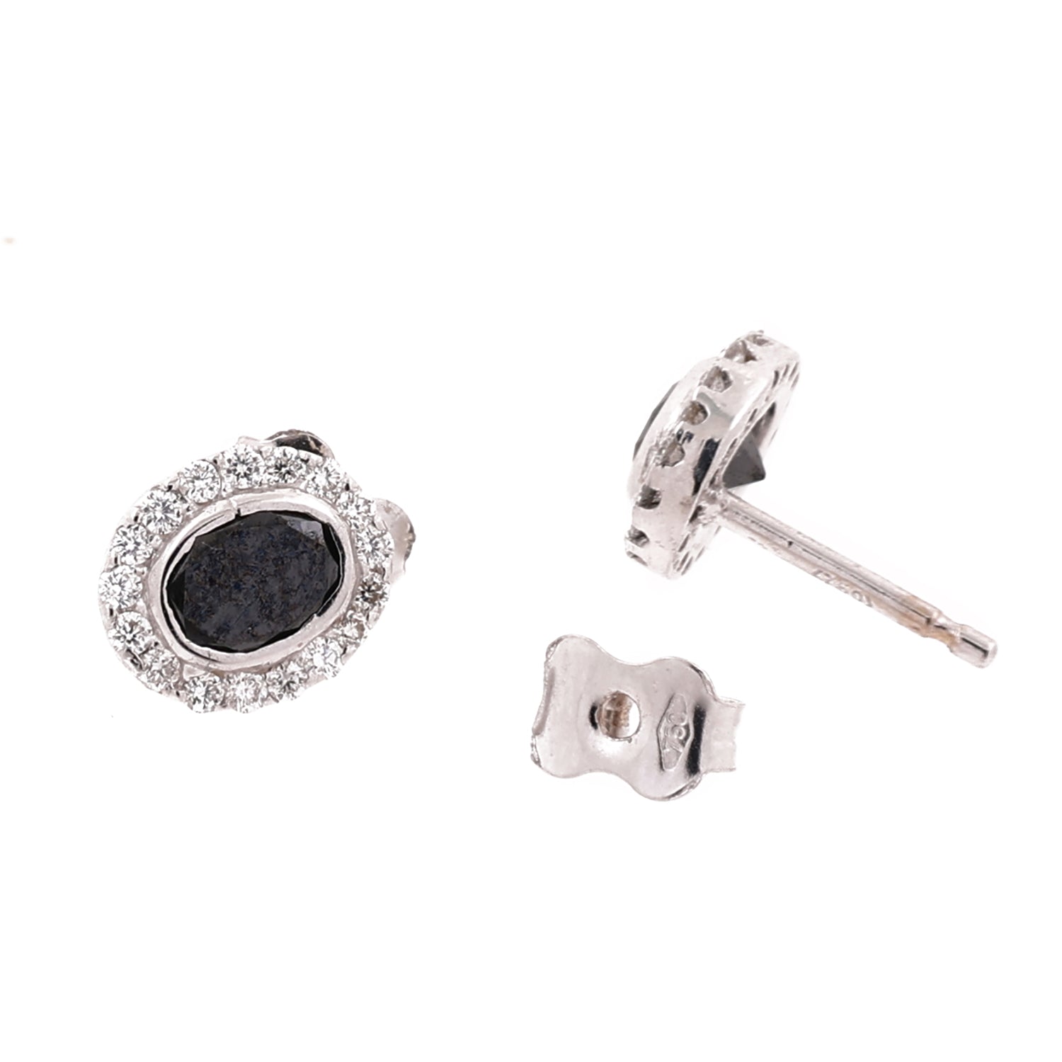 Halo Black Diamond Oval Stud Earrings 18K White Gold 0.93 TW 0.27"