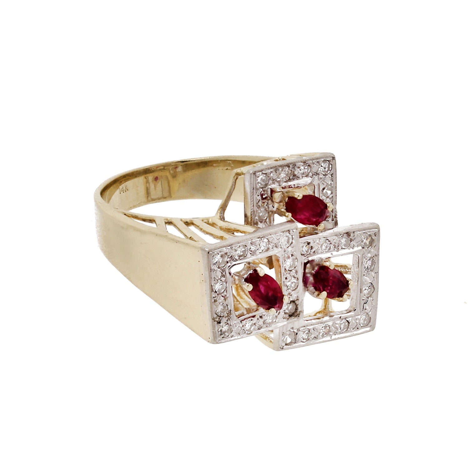 Ruby Diamond Square Ring 14K Two-Tone Gold 1.50 CTW Size 8 Contemporary Estate