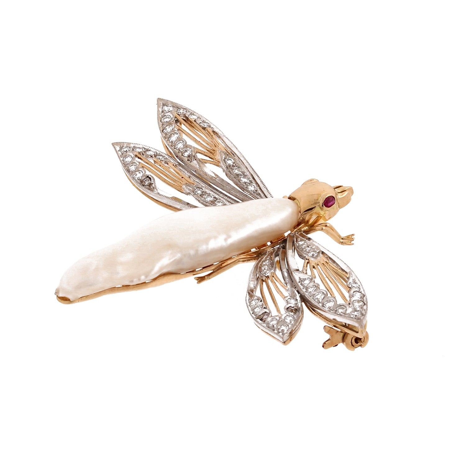 Dragonfly Baroque Pearl Diamond Brooch Pin 14K Two-Tone Gold 1.00 TW DIA 1.75"