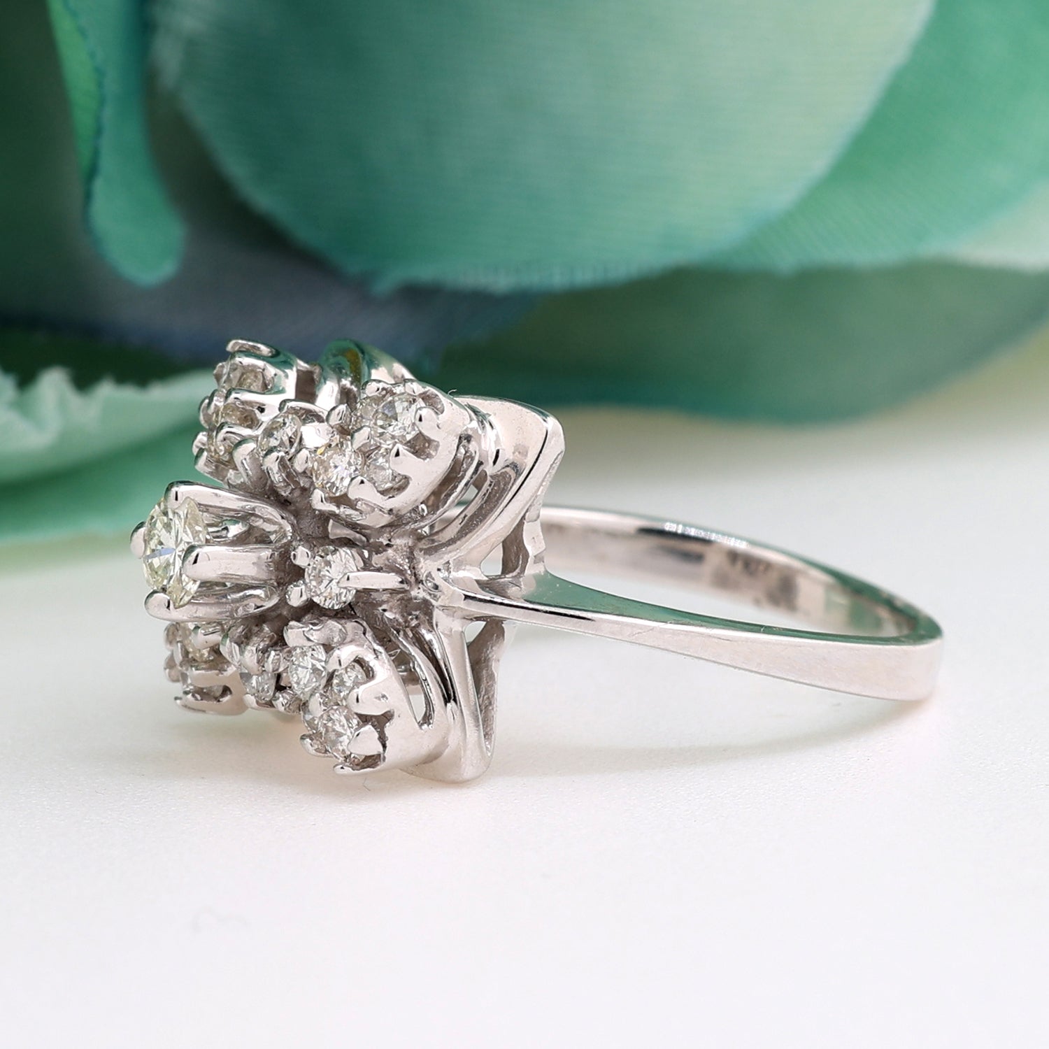 Diamond Flower Ring 14K White Gold 0.50 TW Round Diamonds Size 4.5 Ladies Estate