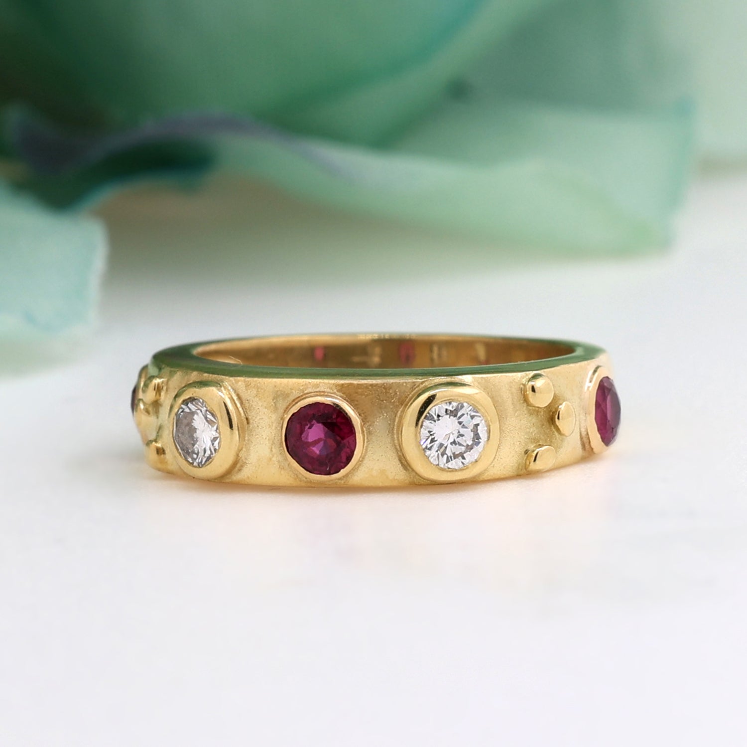 0.64 CTW Ruby Diamond Half Eternity Band Ring 18K Yellow Gold Size 5.25 Estate