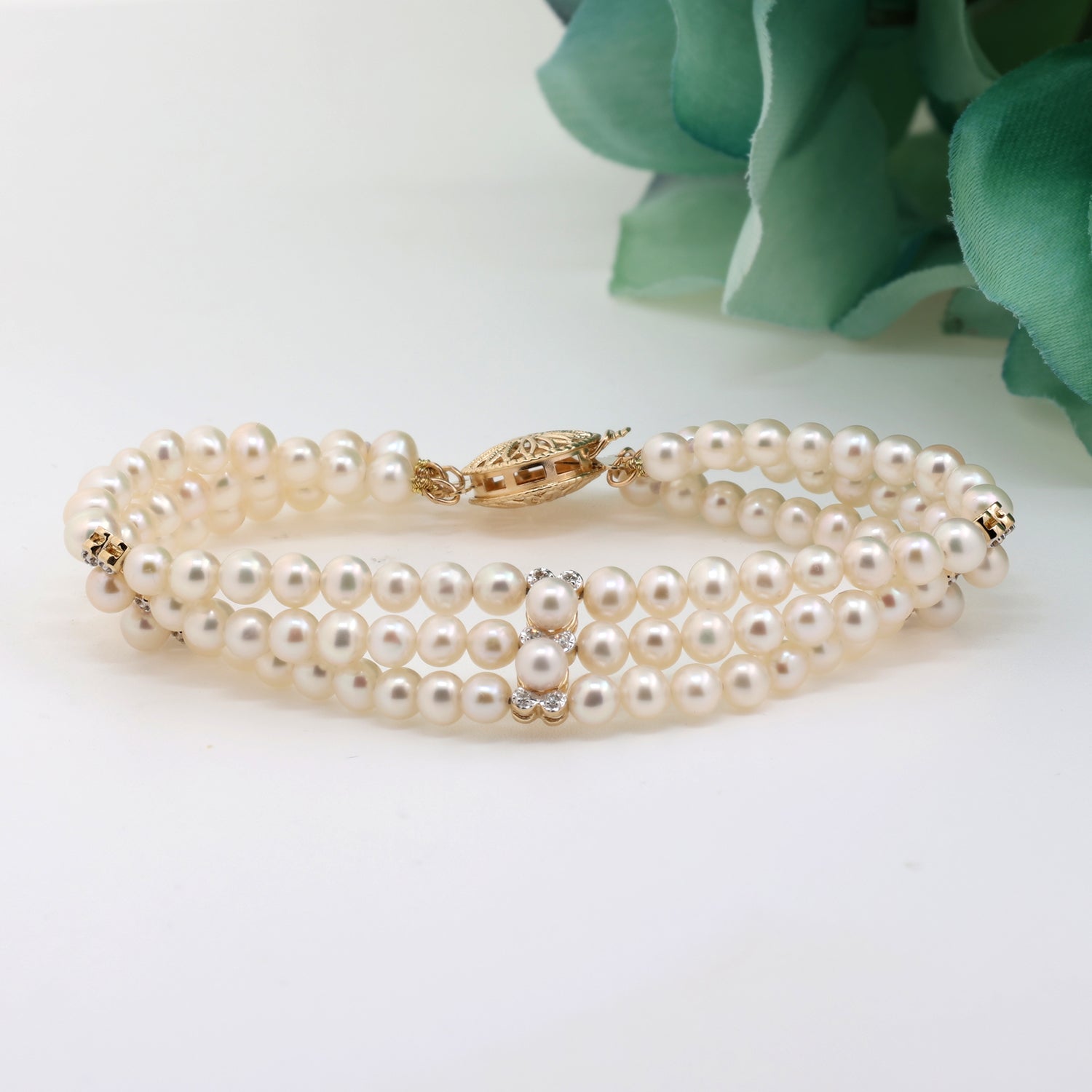 Vintage 3-Strand Pearl Diamond Bracelet 14K Yellow Gold 7.25" Ladies Estate