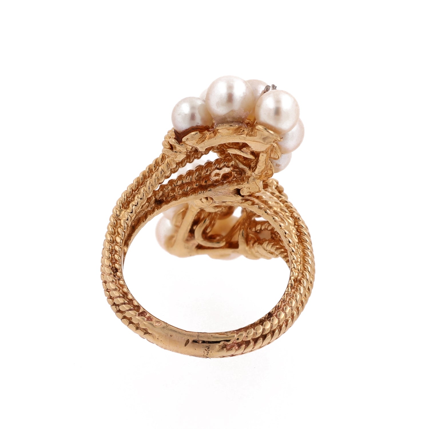 Freshwater Pearl Diamond Accent Bypass Ring 14K Yellow Gold Cable Vintage SZ 8.5