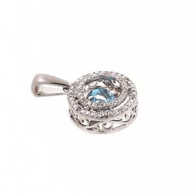 Blue Topaz Solitaire Double Halo Diamond Pendant 10K White Gold Swivel Set 0.75"