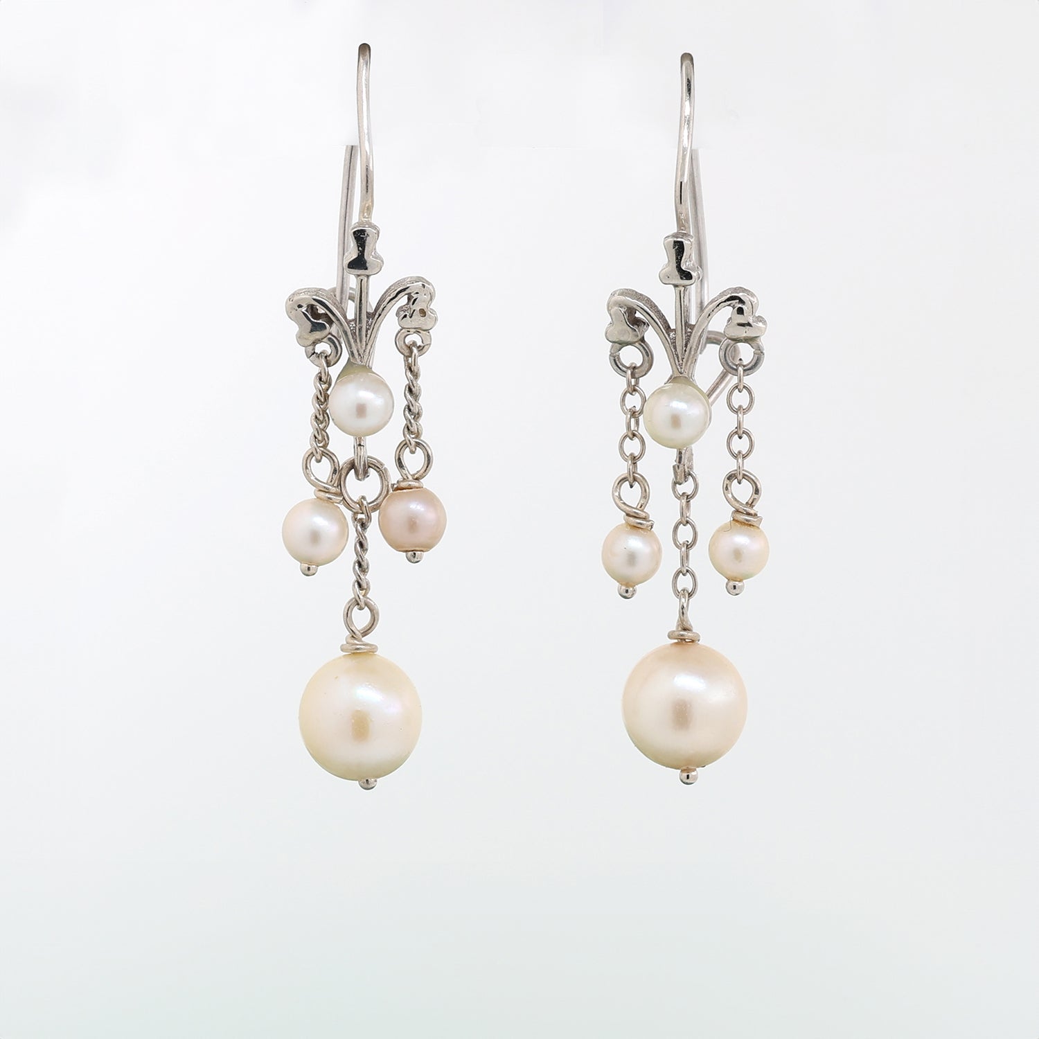 Vintage Freshwater Pearl 3-Strand Drop Dangle Earrings 14K White Gold 1.50"