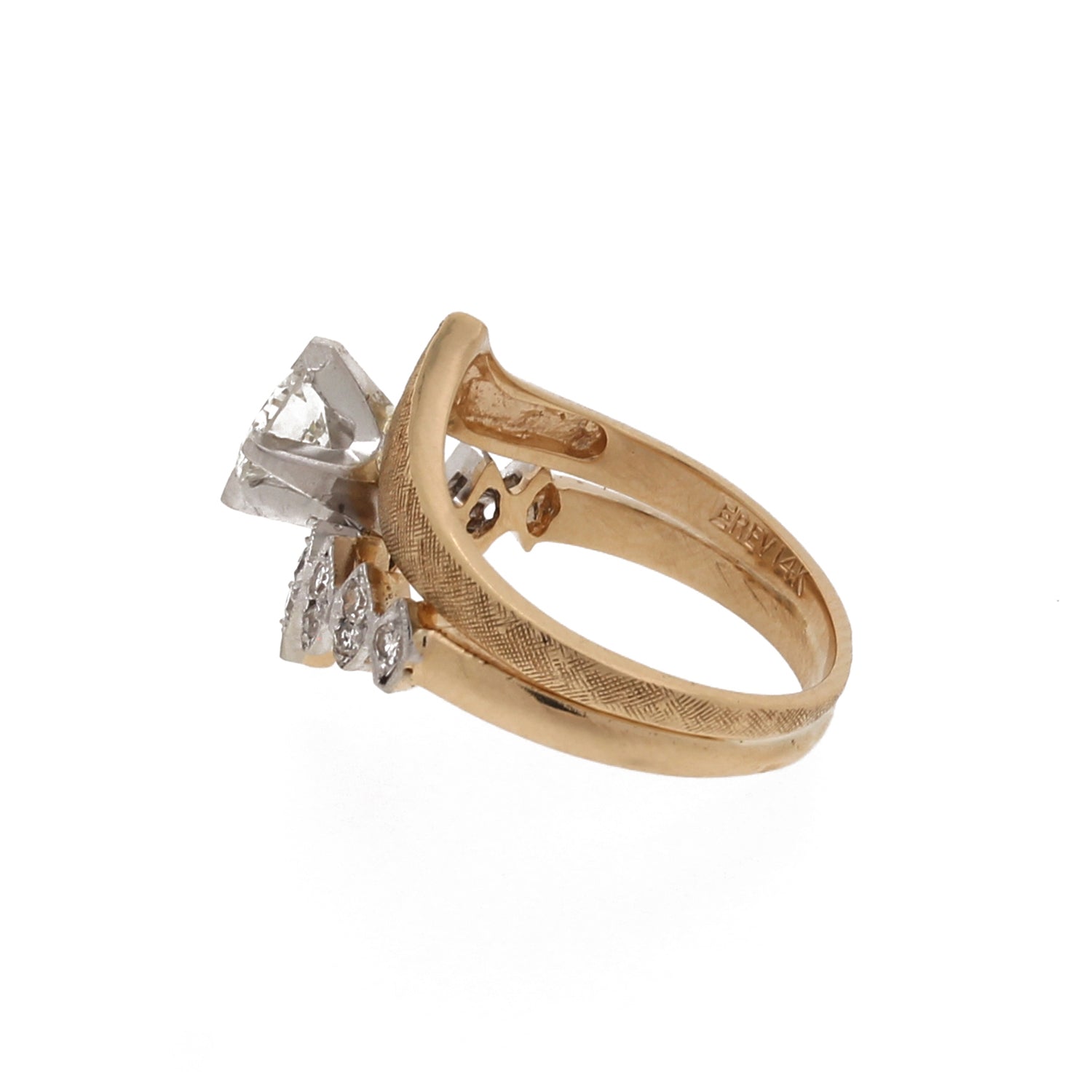 Estate Diamond Cocktail V Ring 14K Two-Tone Textured Gold 0.95 CTW Size 7