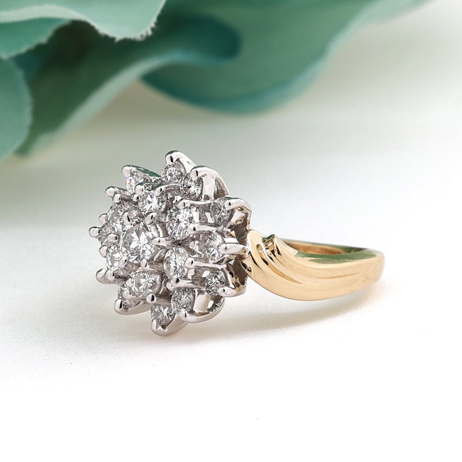 Diamond Flower Cocktail Ring 14K Two-Tone Gold 2.20 TW Diamonds Size 6 Vintage