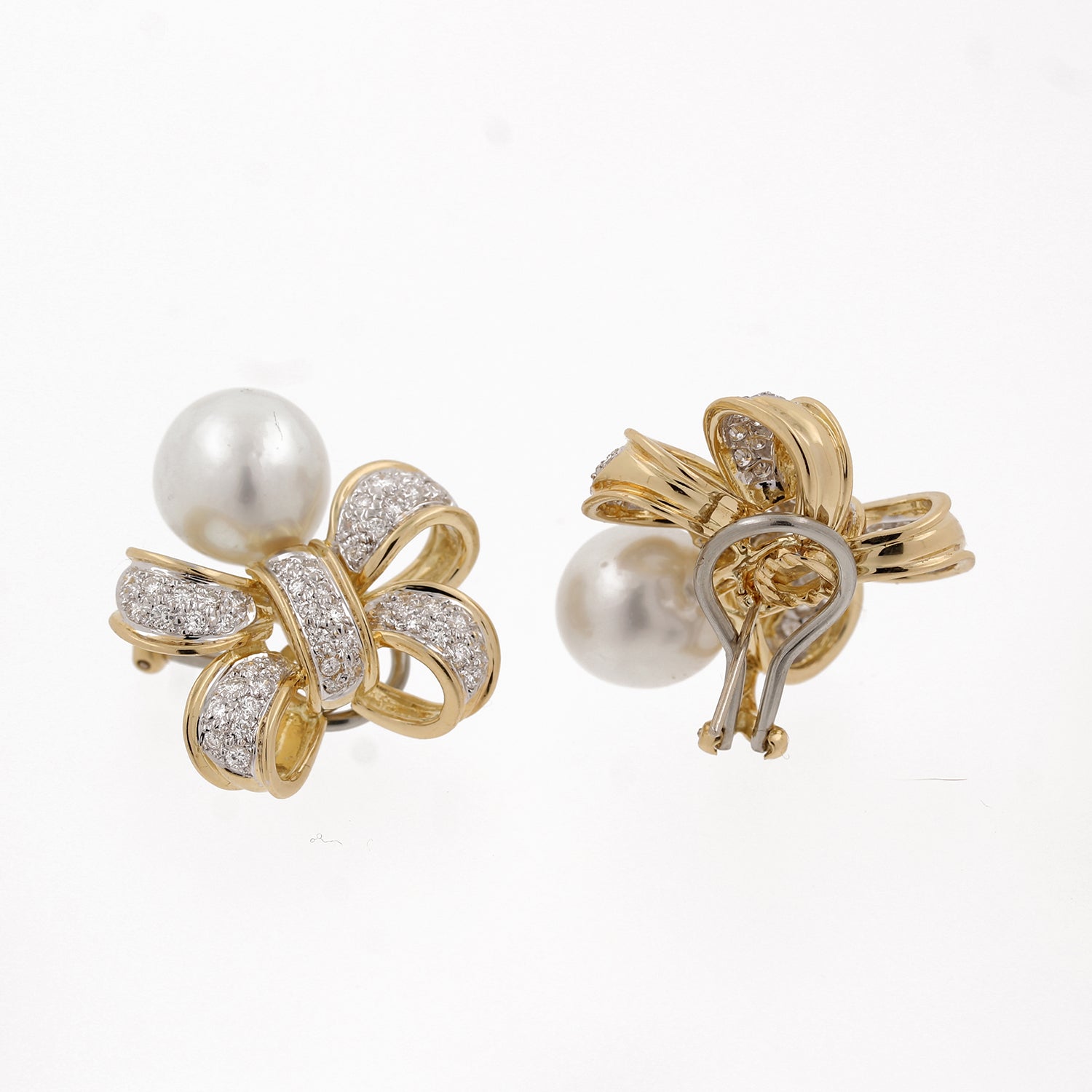 Vintage Pearl Diamond Accent Bow Earrings 18K Two-Tone Gold 2.30 CTW 12 mm