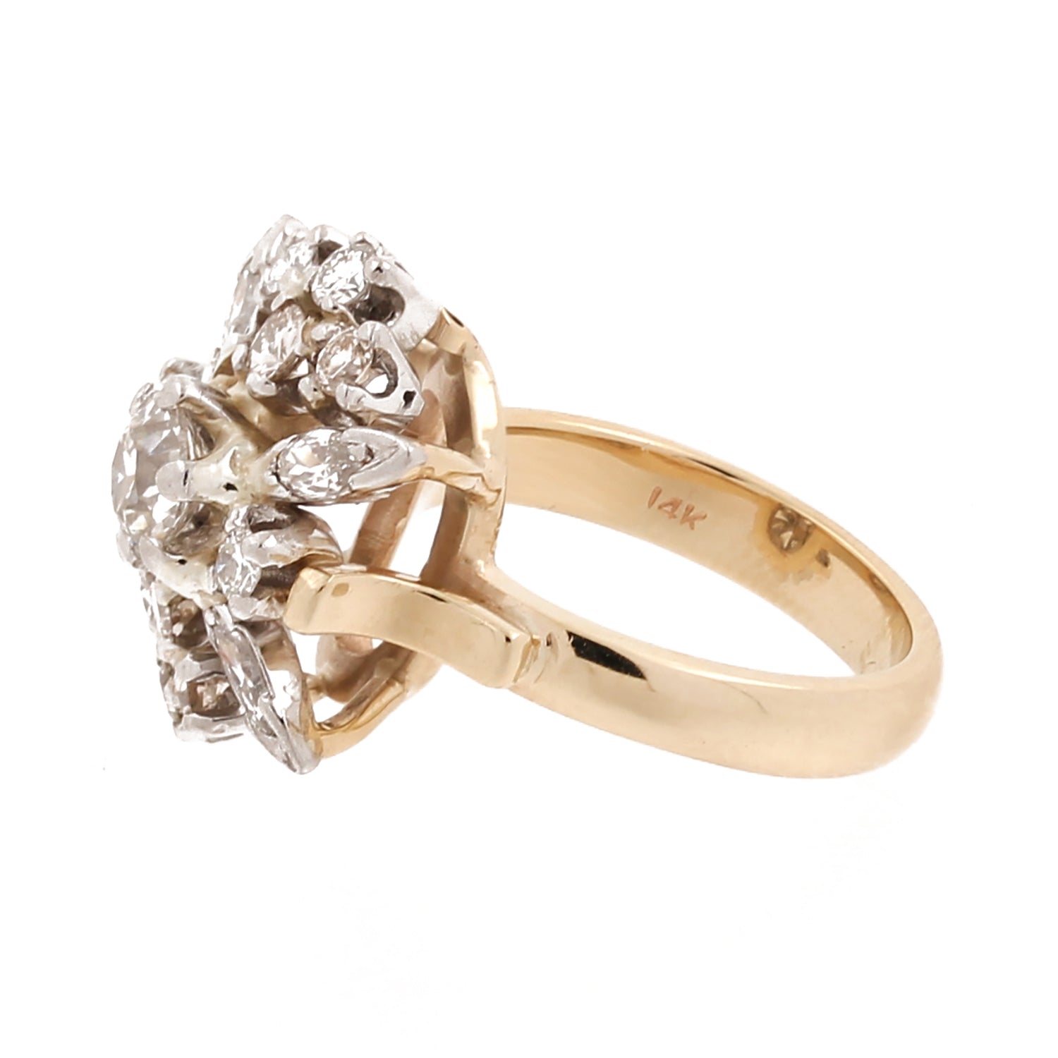 Floral Diamond Ring 14K Two-Tone Gold 1.25 CTW Old European Cut Size 4.5 Estate