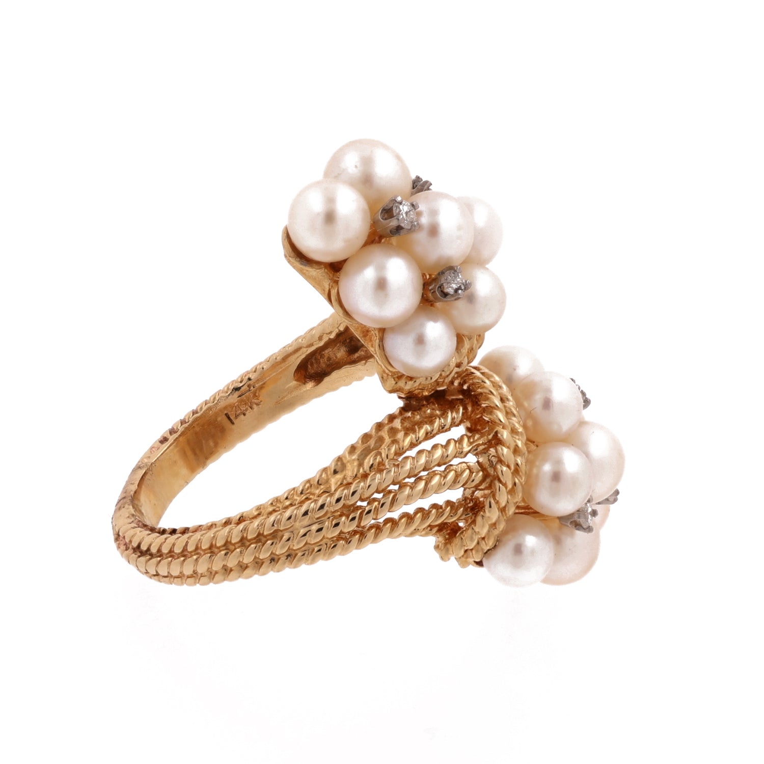 Freshwater Pearl Diamond Accent Bypass Ring 14K Yellow Gold Cable Vintage SZ 8.5