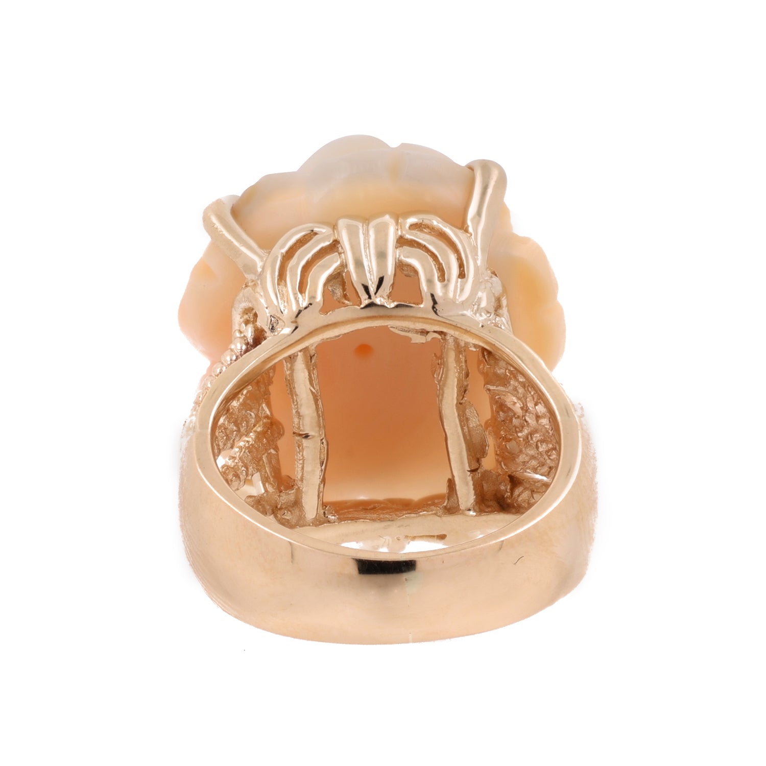 Carved Rose Flower Ring White Angel Skin Coral 14K Yellow Gold Size 7.5