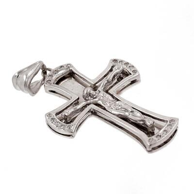 14K Solid White Gold Diamond Crucifix Cross Pendant 0.20 CTW Large 2.25" Estate