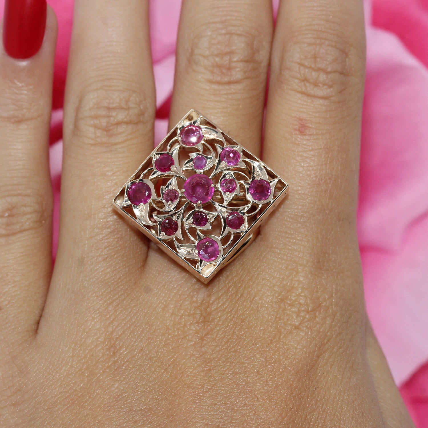 Ruby Gemstone Square Filigree Ring 14K & 12K Yellow Gold 1.14 CTW SZ 8.25