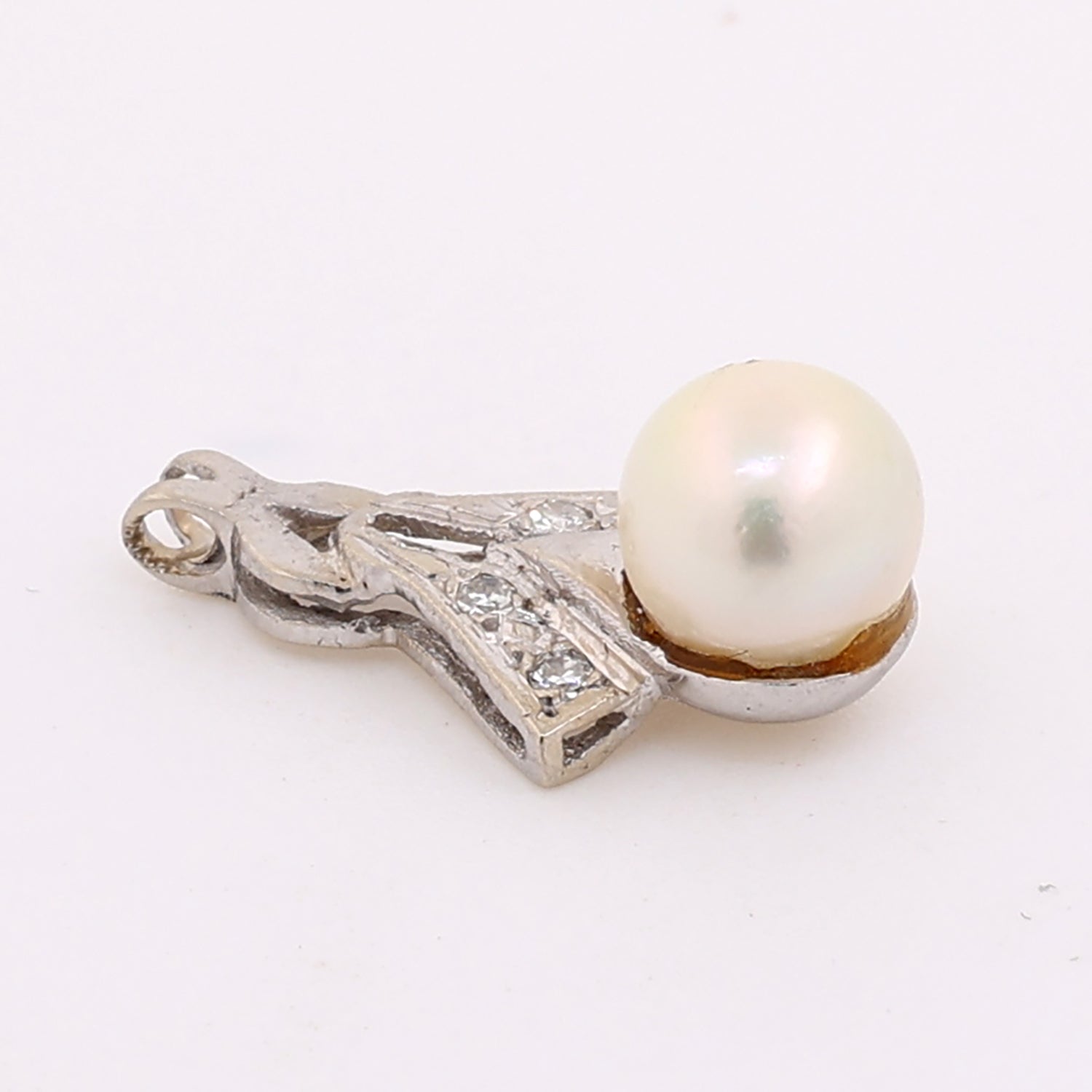 Vintage Pearl Diamond Pendant 14K White Gold 0.06 TW Diamonds Ladies 0.70"