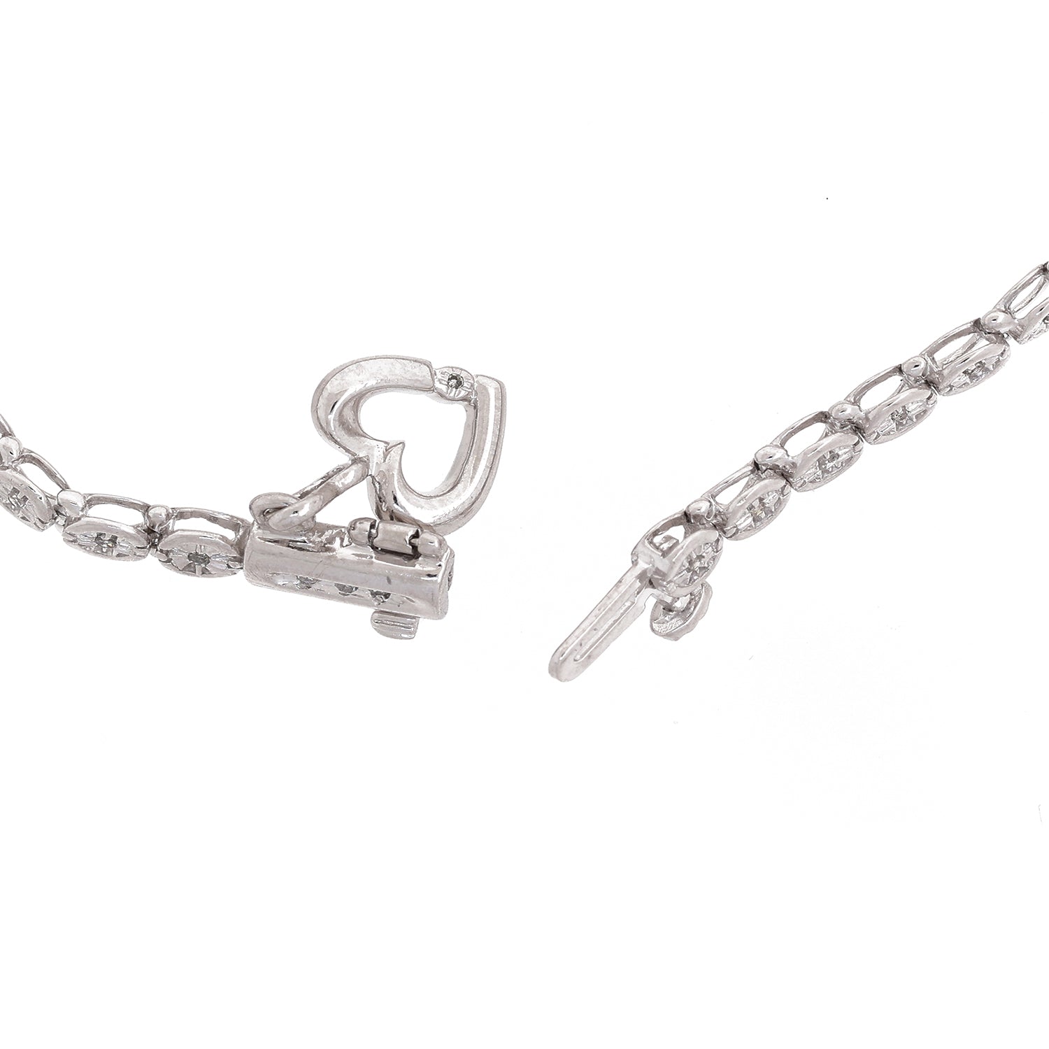 0.35 TW Diamond Round Link Tennis Bracelet 10K White Gold Heart Charm Accent 7"