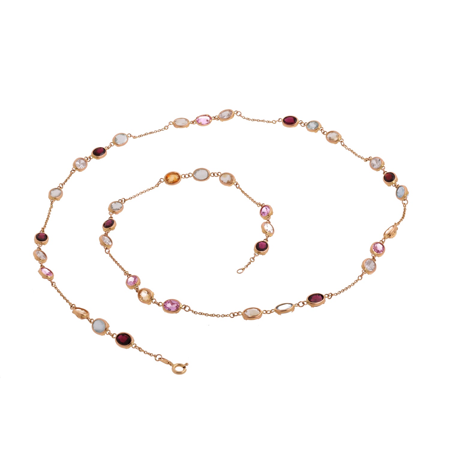 Multi-Gemstone Chain Necklace 14K Yellow Gold 32" Circle Link Chain Oval Gems